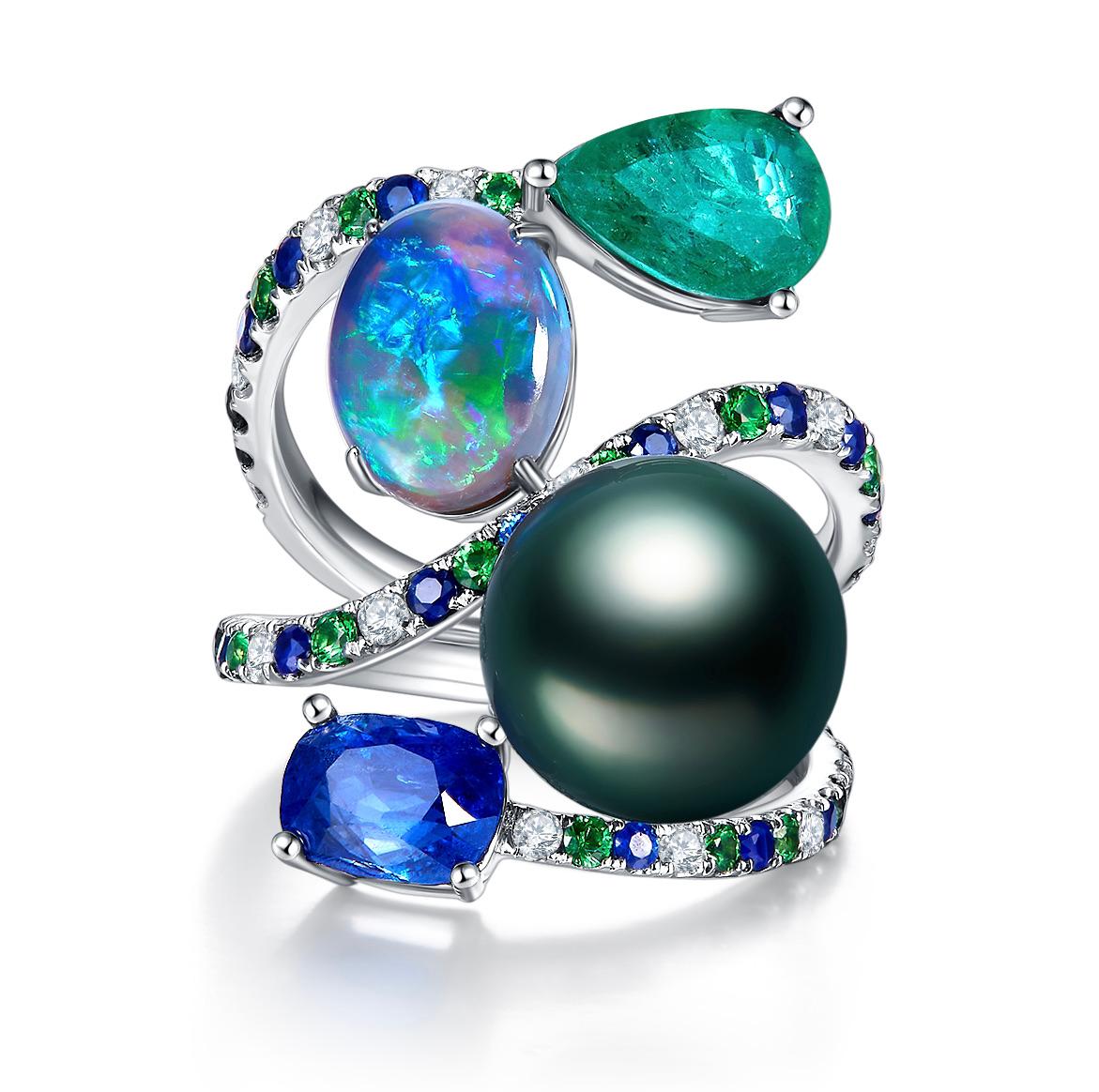 Contemporary Eostre Sapphire, Opal, Emerald, Pearl and Diamond Ring in 18K White Gold For Sale