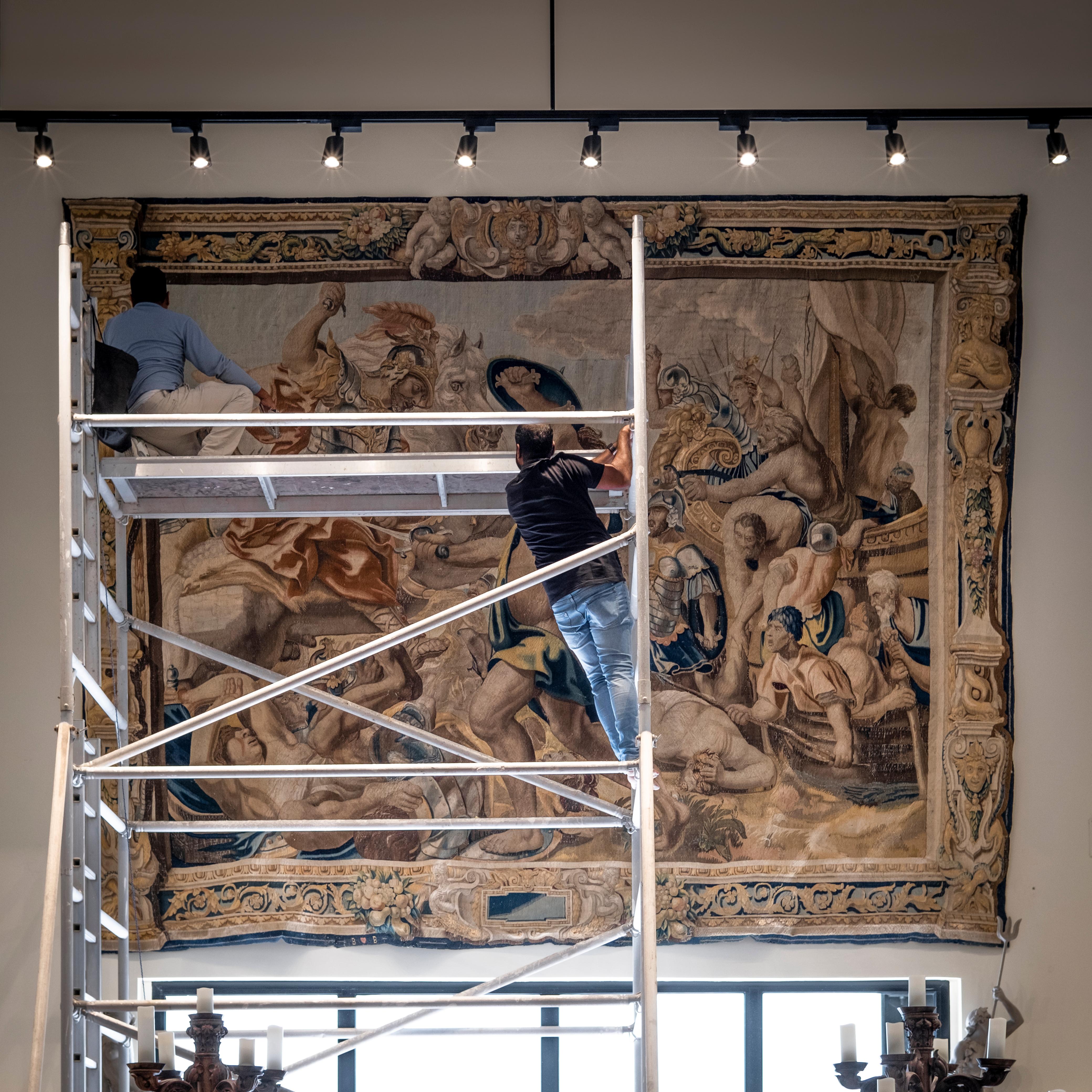 Spectacular large scale mid-17th Century Flemish tapestry created after the 1630s design by Jacob Jordaens (d. 1678). Several tapestries of identical design were produced based on drawings by this artist and now adorn walls in Edinburgh Palace