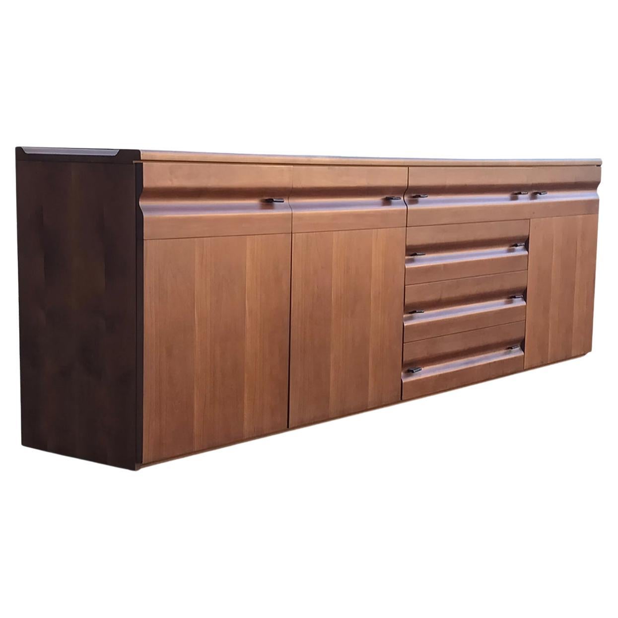 Impressive Sculpted Walnut and Leather Credenza Gavina, Italy, 1970s For Sale