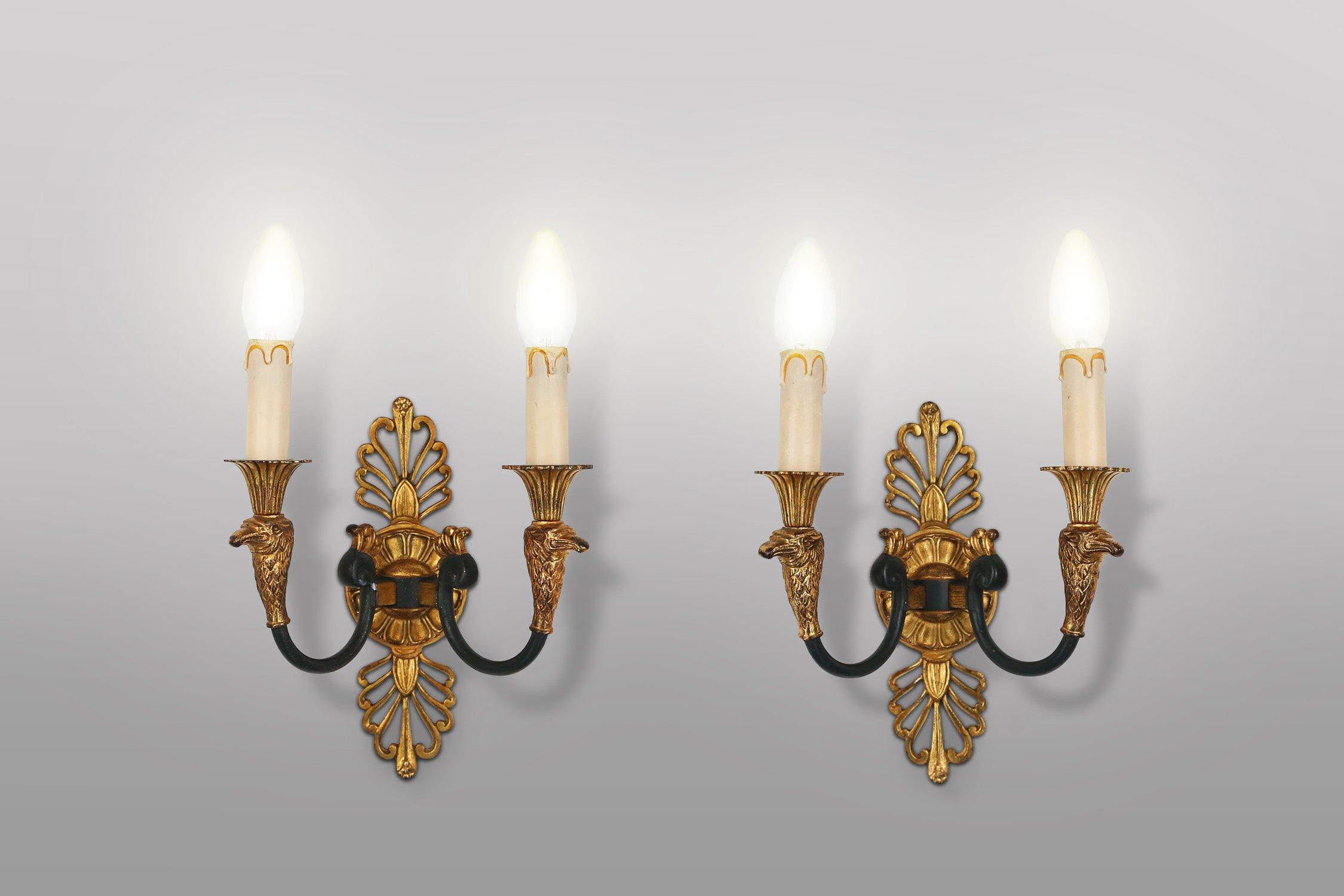 Impressive set of 1 large bronze Empire Chandelier with 2 wall lights, 1950 For Sale 7