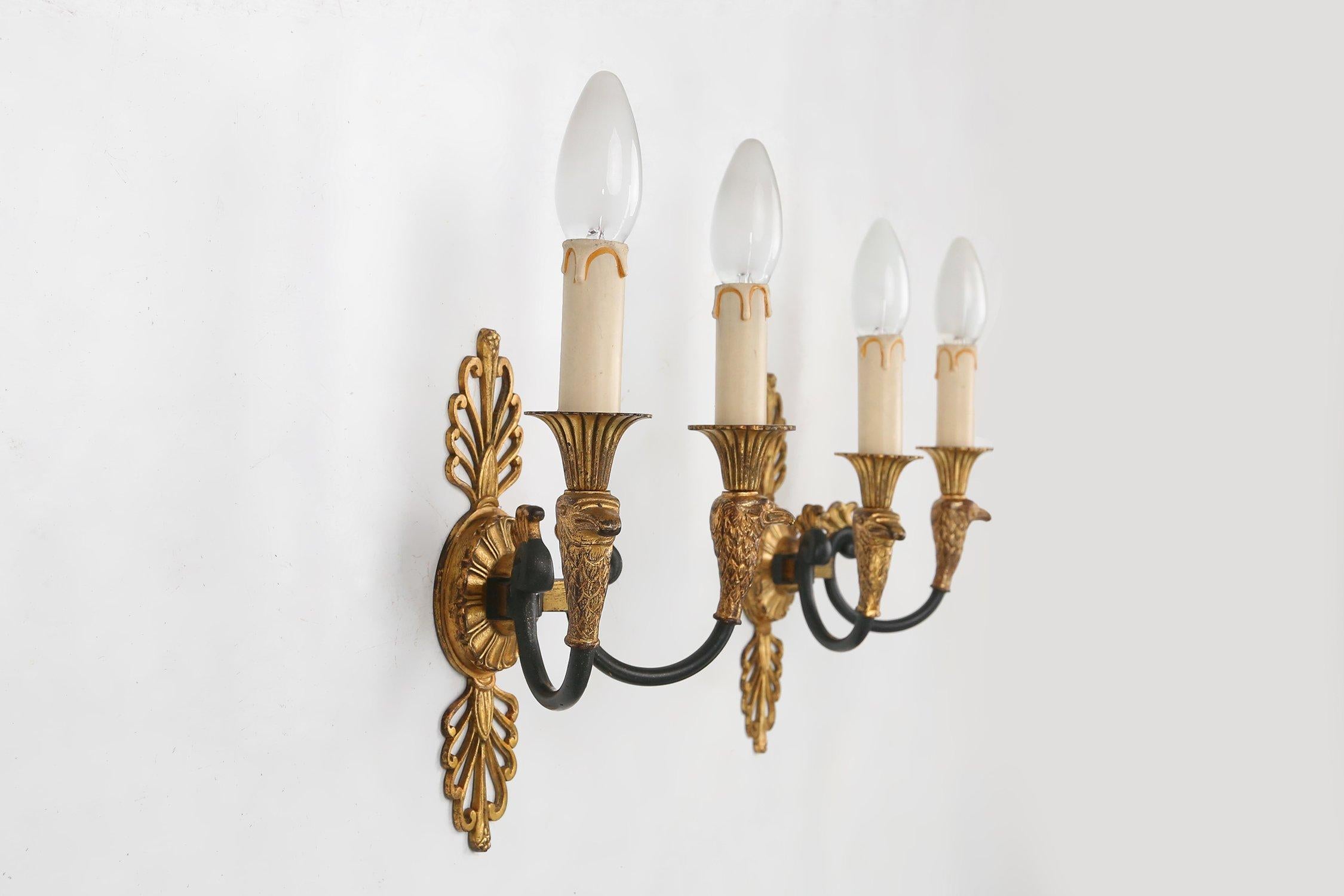 Impressive set of 1 large bronze Empire Chandelier with 2 wall lights, 1950 For Sale 11