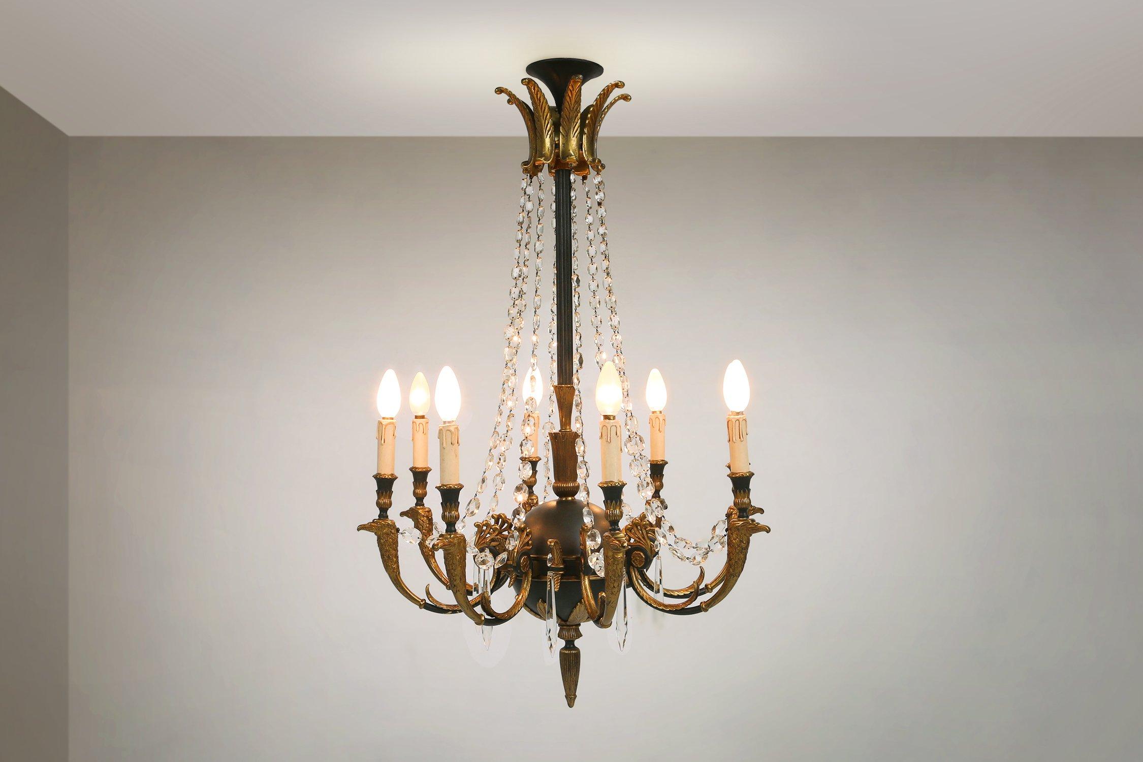 Empire Revival Impressive set of 1 large bronze Empire Chandelier with 2 wall lights, 1950 For Sale