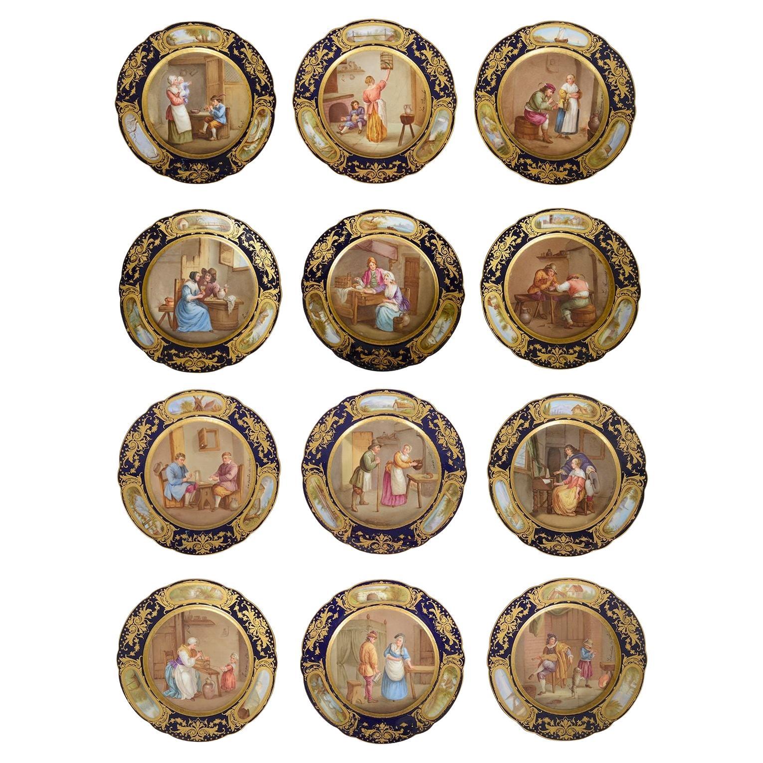 Impressionnant ensemble de 12 assiettes en porcelaine de style Sèvres, vers 1890 en vente