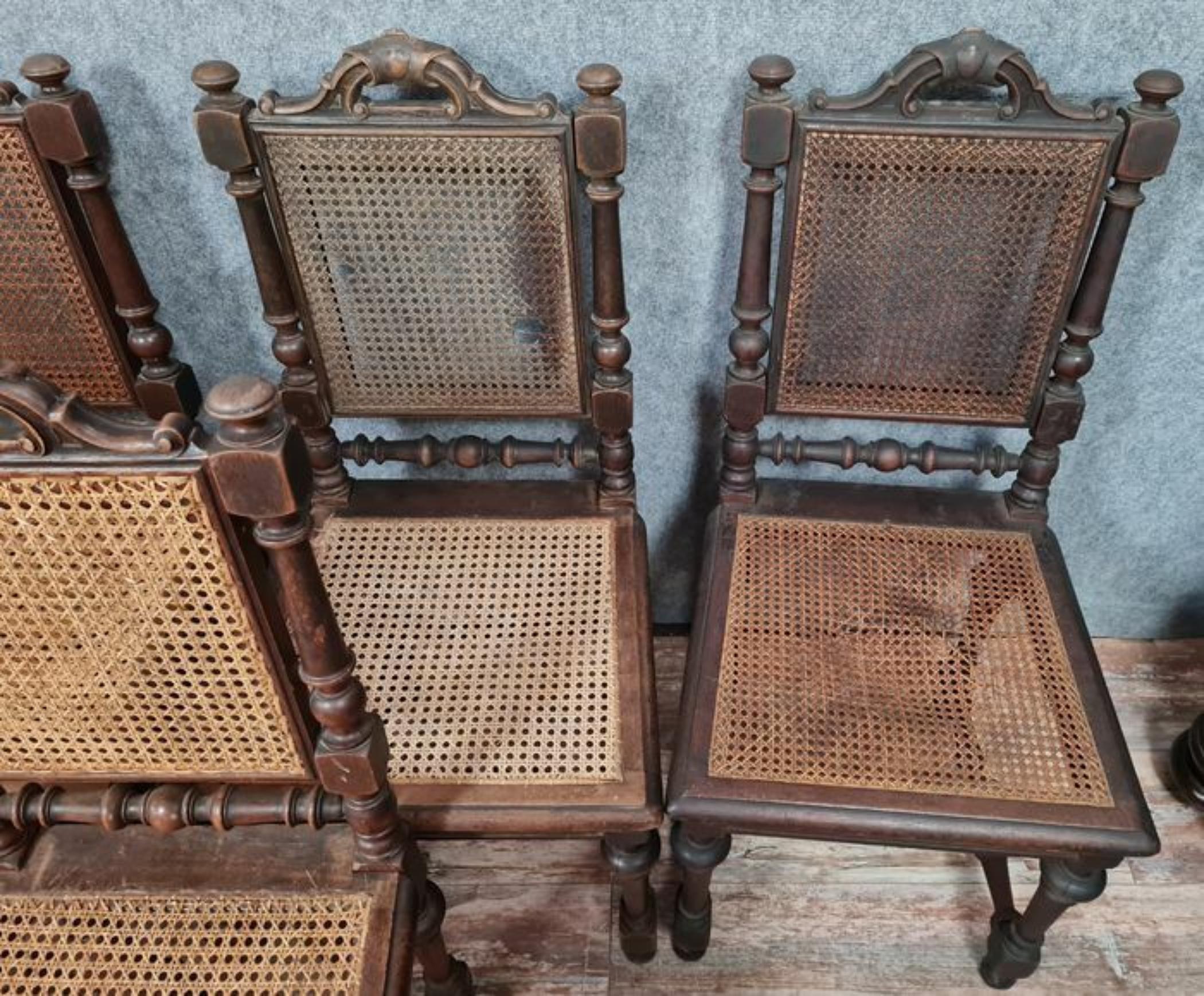 Make a statement in your home with this remarkable set of 8 Renaissance hunt pavilion chairs crafted from walnut and dating back to circa 1850.

Each chair features intricately woven cane seats and backs, exuding both elegance and comfort. Adorned