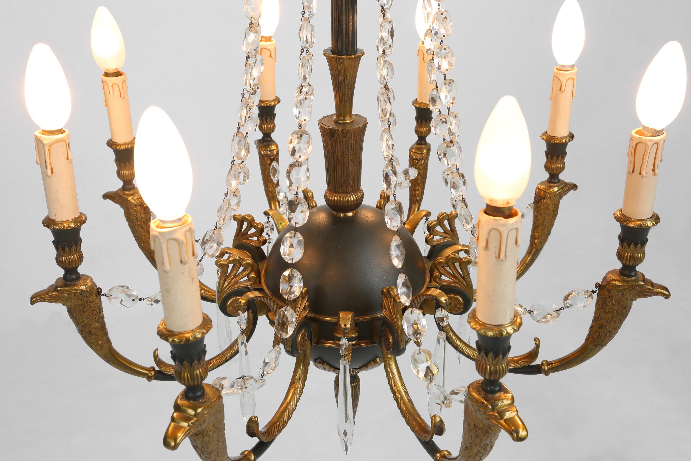 Impressive set of a large bronze Empire Chandelier with wall lights, 1950 For Sale 5