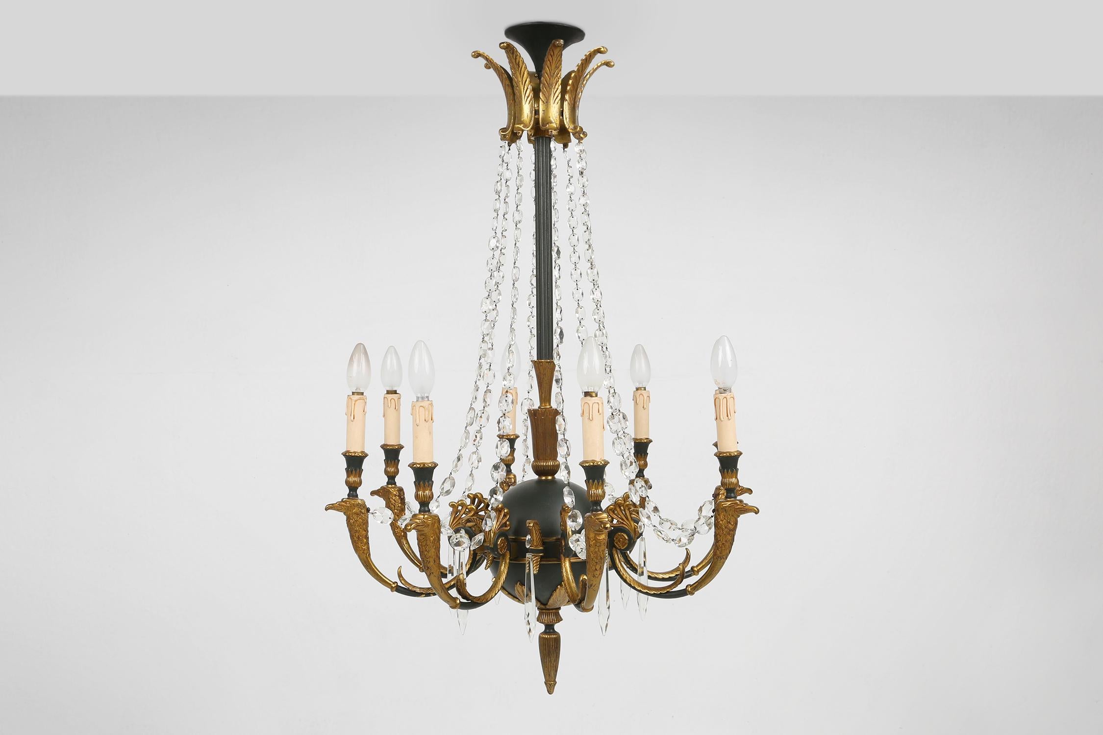 Impressive set of a large bronze Empire Chandelier with wall lights, 1950 For Sale 6