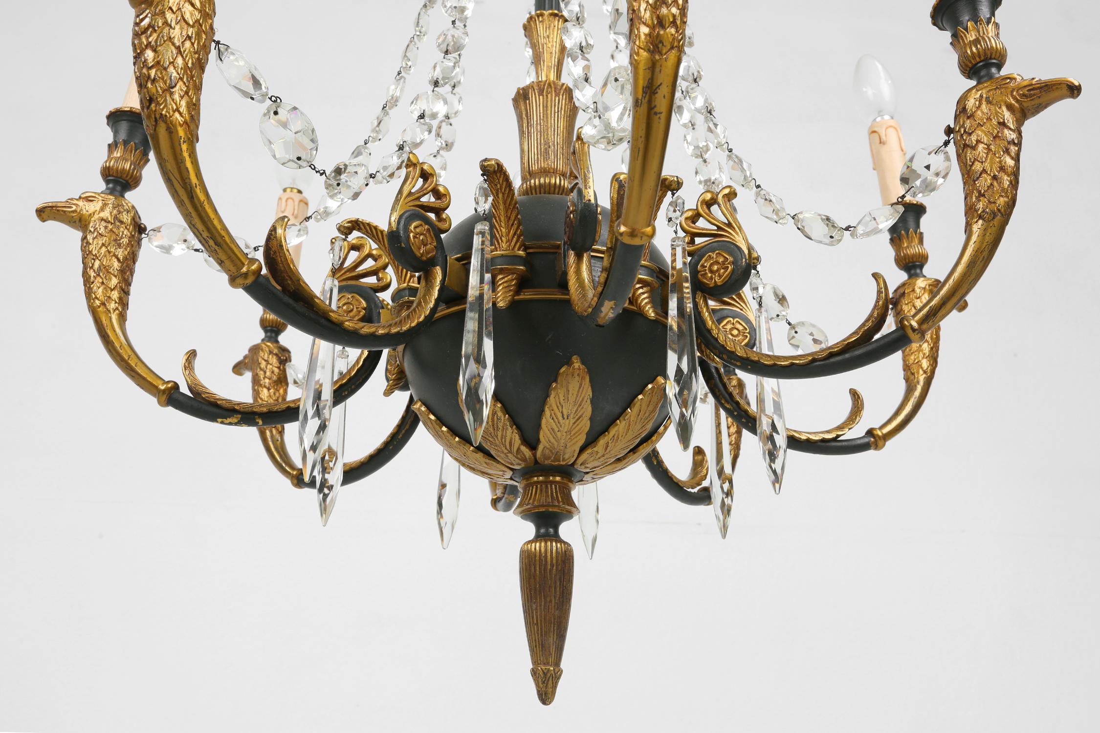 Impressive set of a large bronze Empire Chandelier with wall lights, 1950 For Sale 7