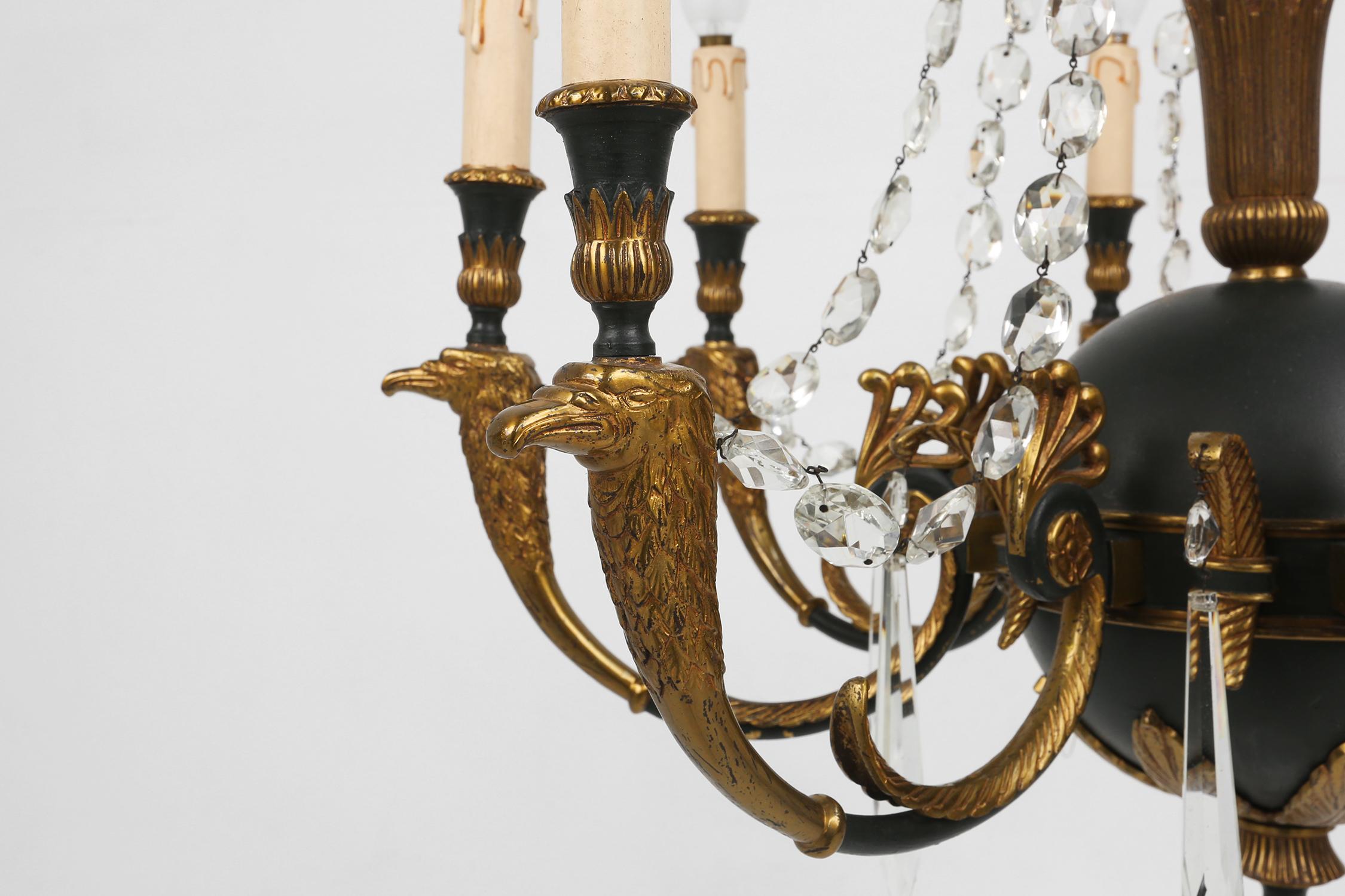 Impressive set of a large bronze Empire Chandelier with wall lights, 1950 For Sale 8