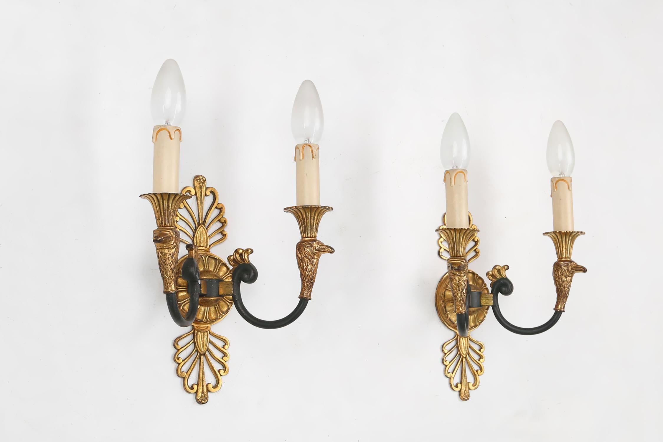 Impressive set of a large bronze Empire Chandelier with wall lights, 1950 For Sale 9