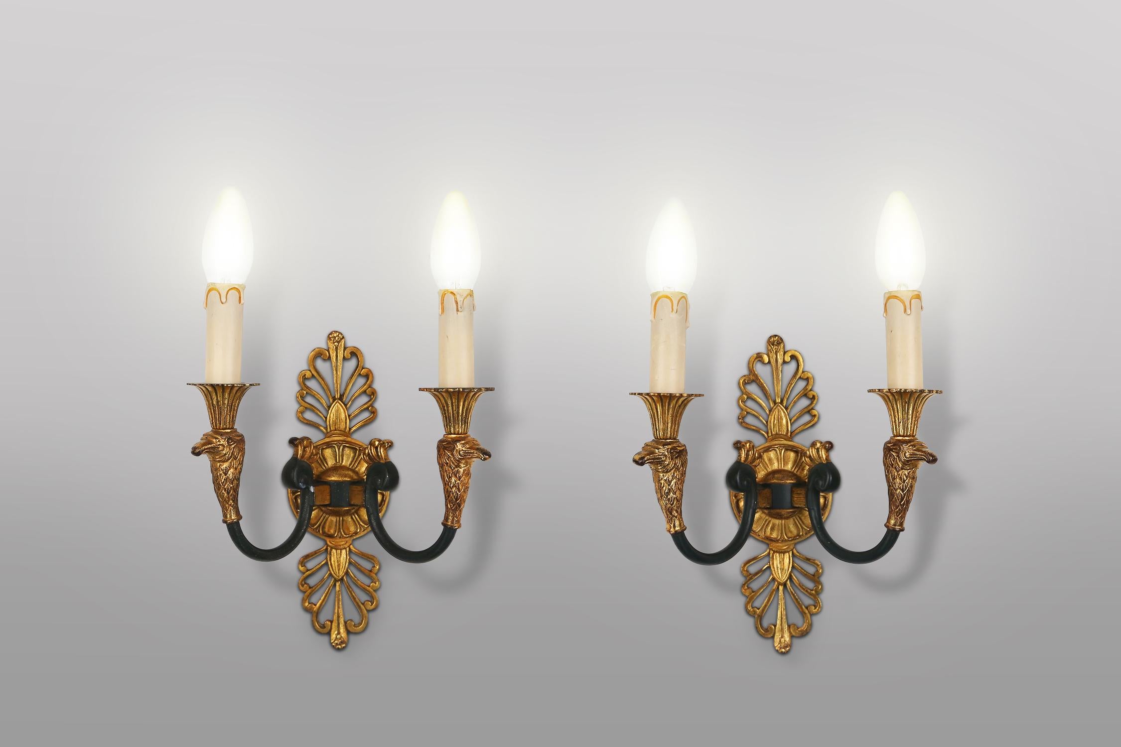 Belgian Impressive set of a large bronze Empire Chandelier with wall lights, 1950 For Sale