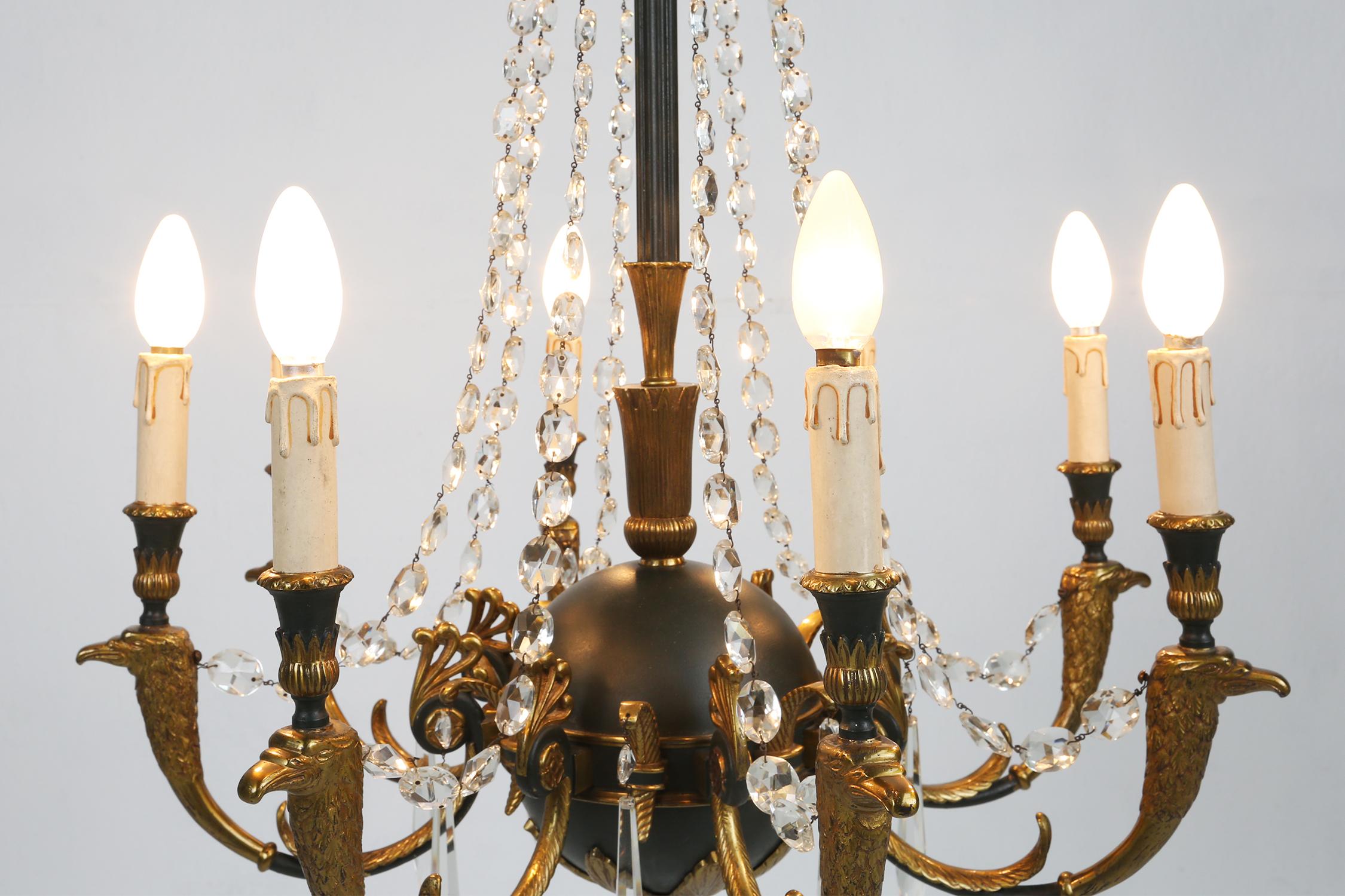 Impressive set of a large bronze Empire Chandelier with wall lights, 1950 In Good Condition For Sale In Meulebeke, BE
