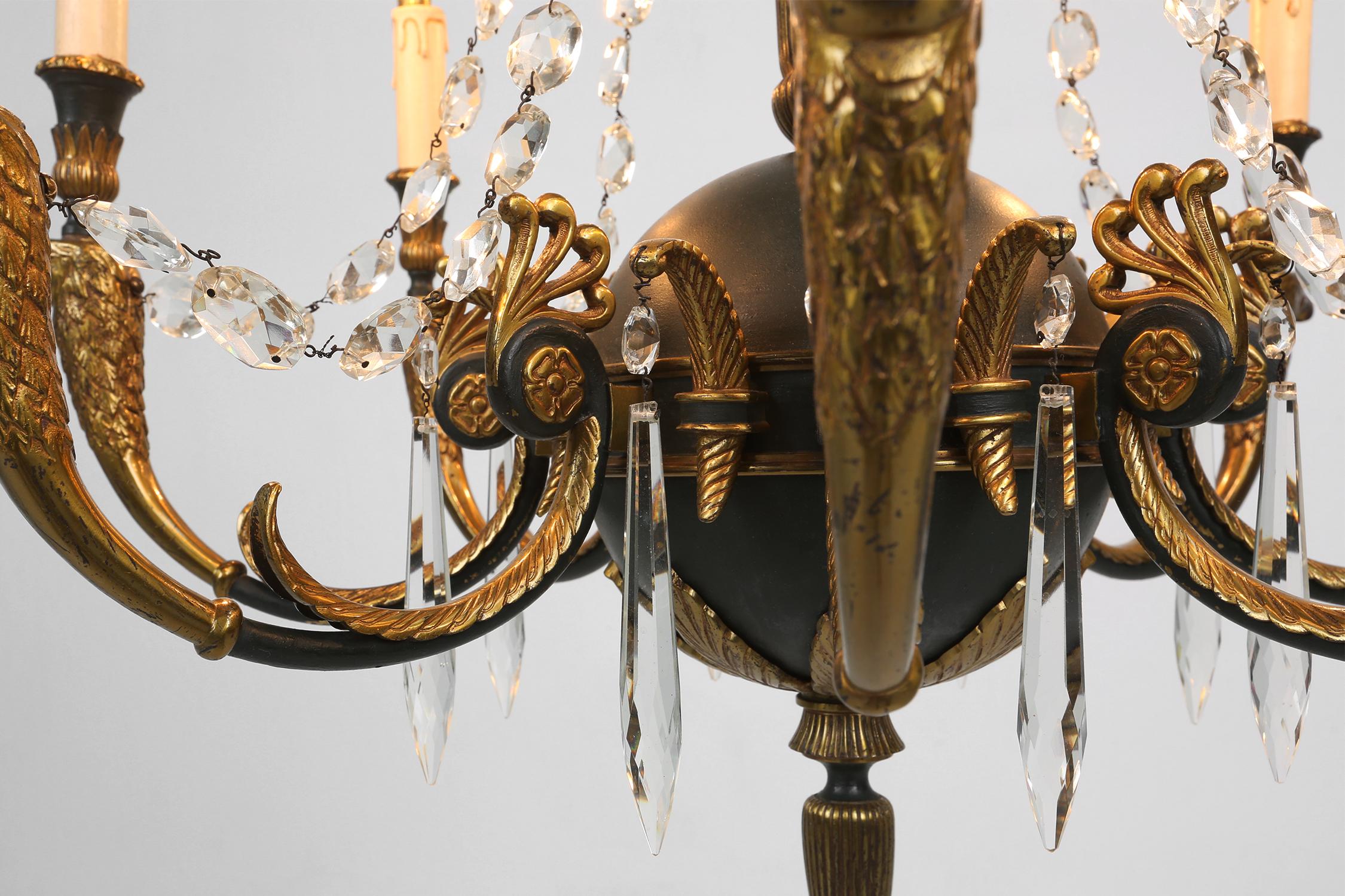Bronze Impressive set of a large bronze Empire Chandelier with wall lights, 1950 For Sale