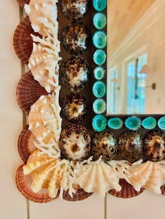 Impressionnant miroir en coquillage avec des rangées de coquilles Saint-Jacques, de tortues et de patelles turquoise.