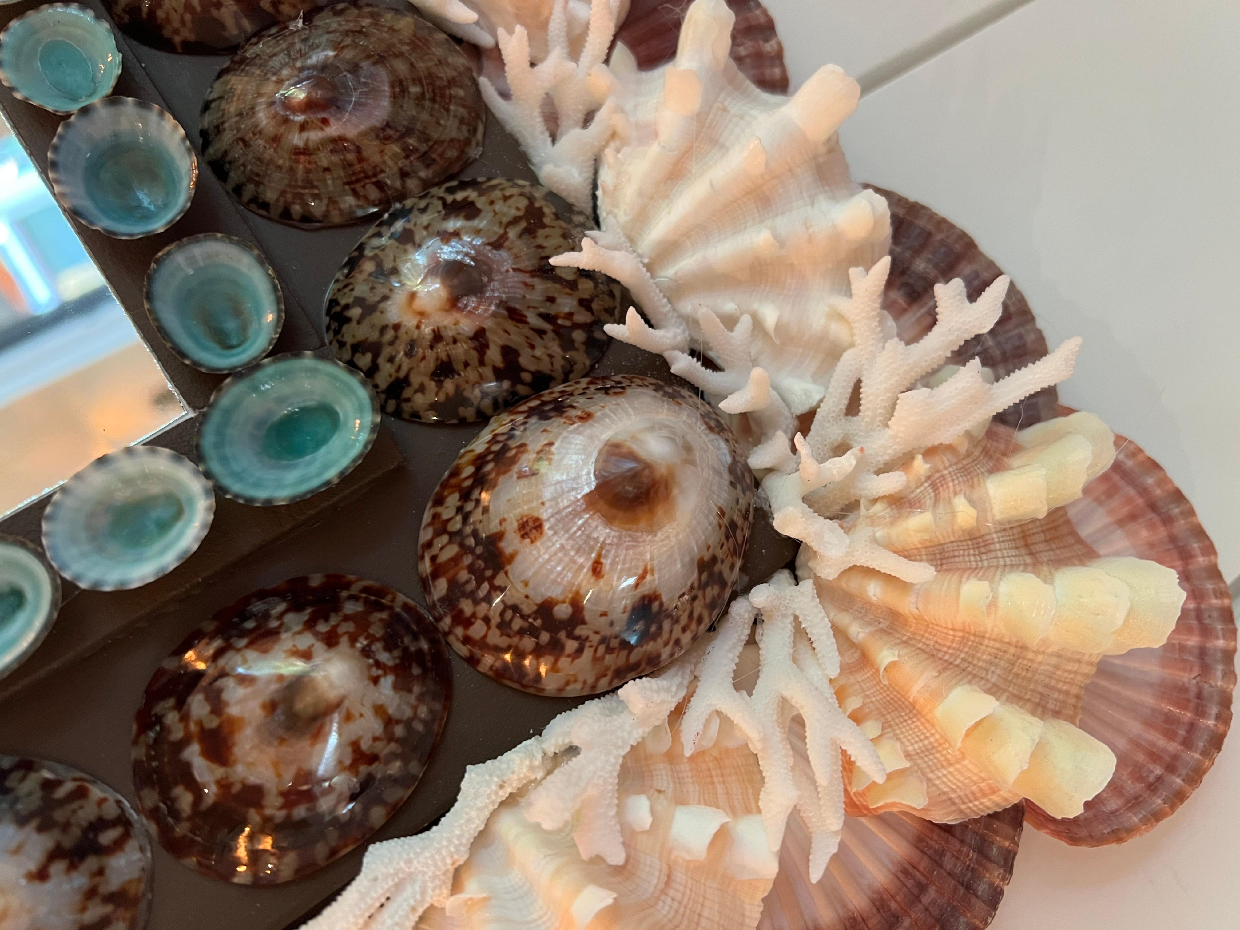American Impressive shell mirror with rows of scallops, tortoise and turquoise limpets. For Sale