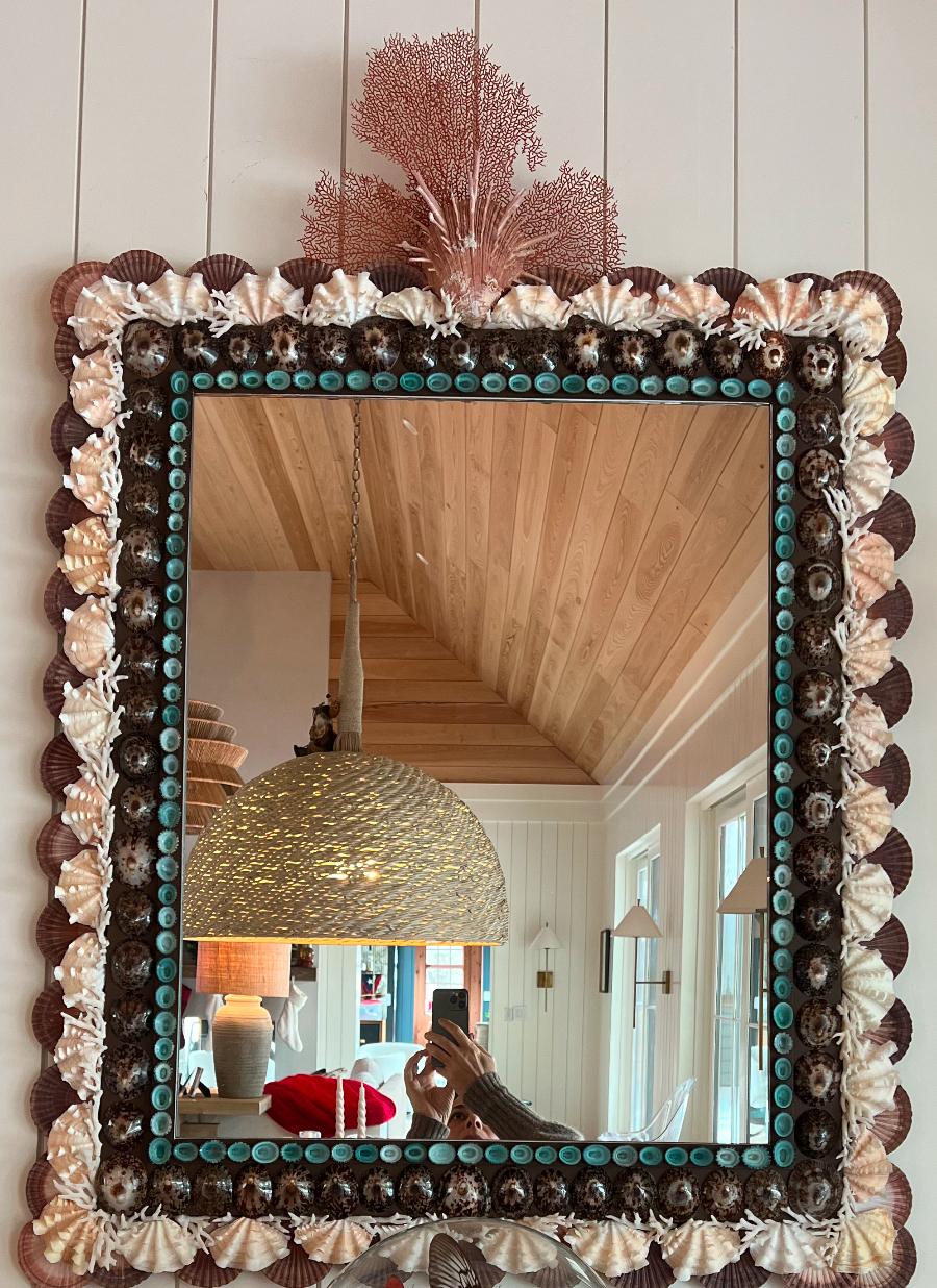 Contemporary Impressive shell mirror with rows of scallops, tortoise and turquoise limpets. For Sale