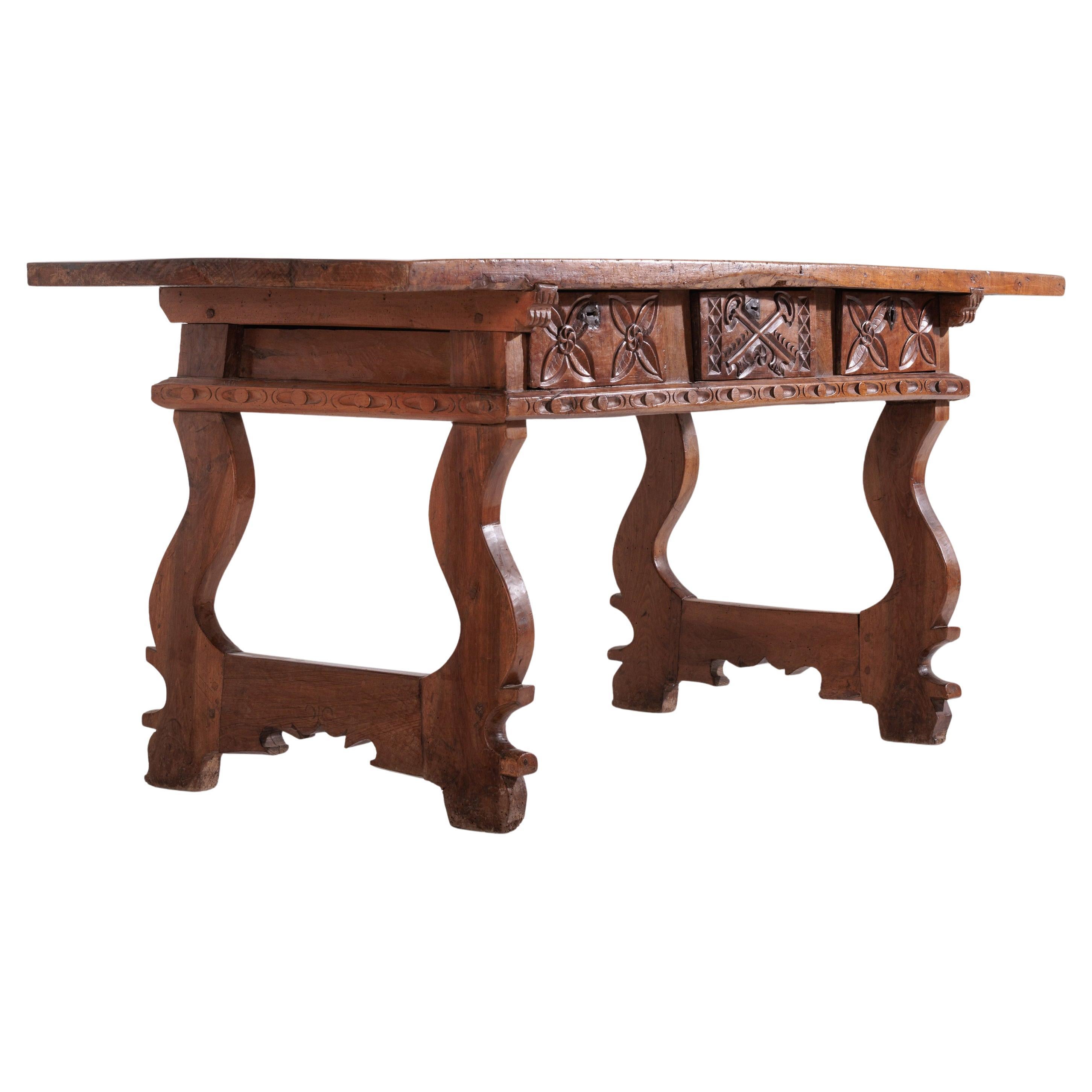 Spanish, Single Plank, Walnut Monastery Table, Lyre Legs, Circa 1780