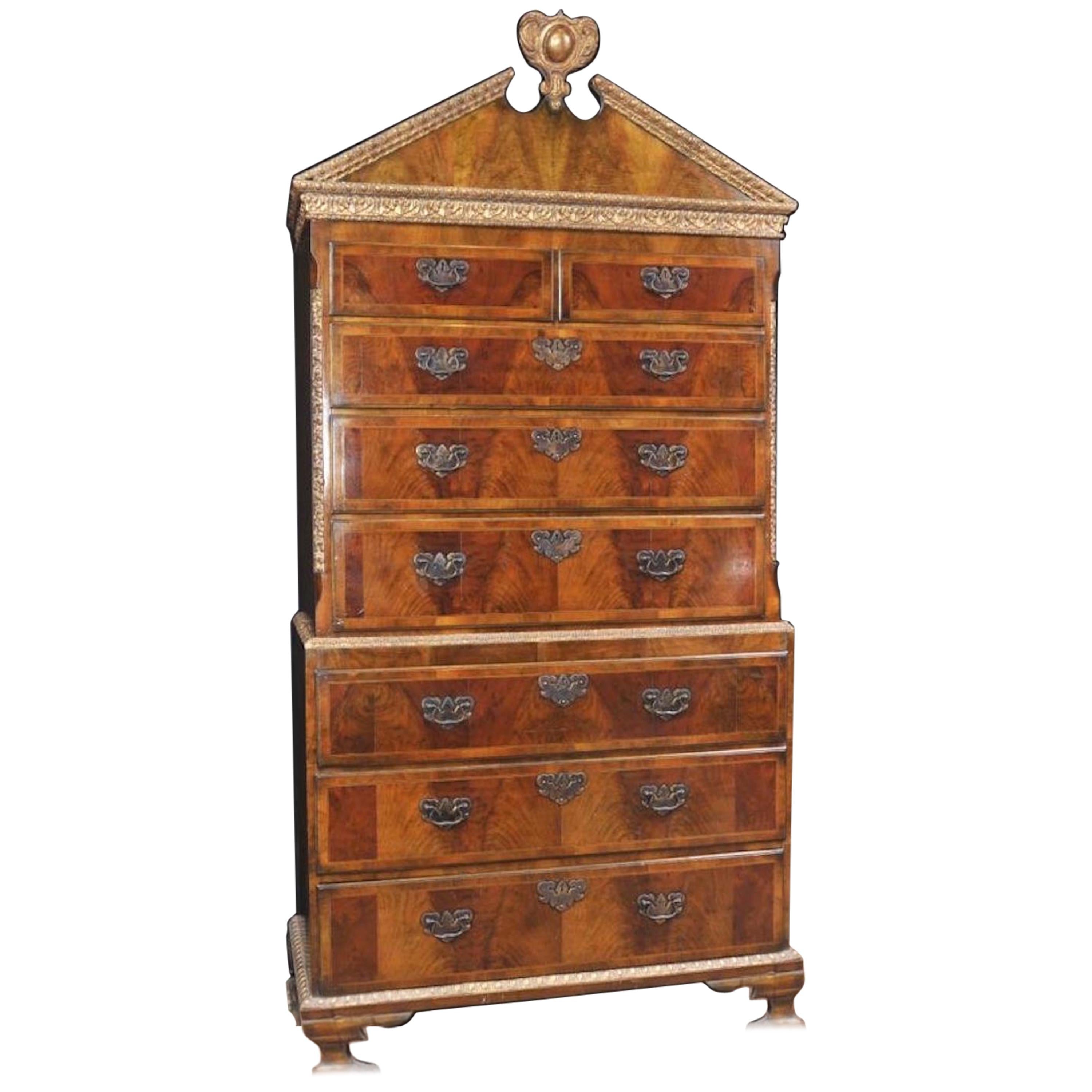 Impressive Sized English Burl Walnut Chest on Chest Dating to 1840 Standing For Sale