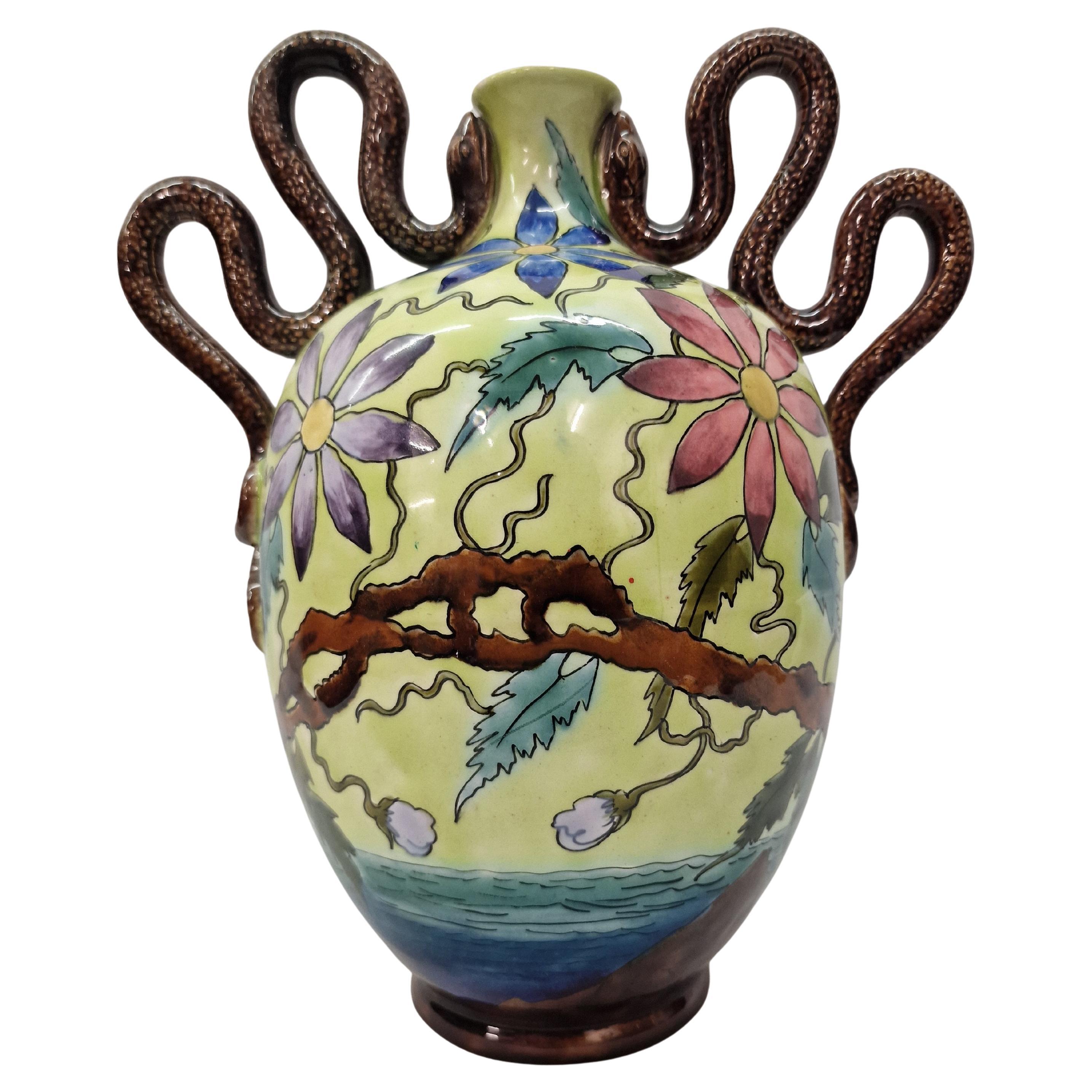 Impressive snake flower vase, famous Znaim ceramics Art Nouveau Jugendstil 1900s For Sale