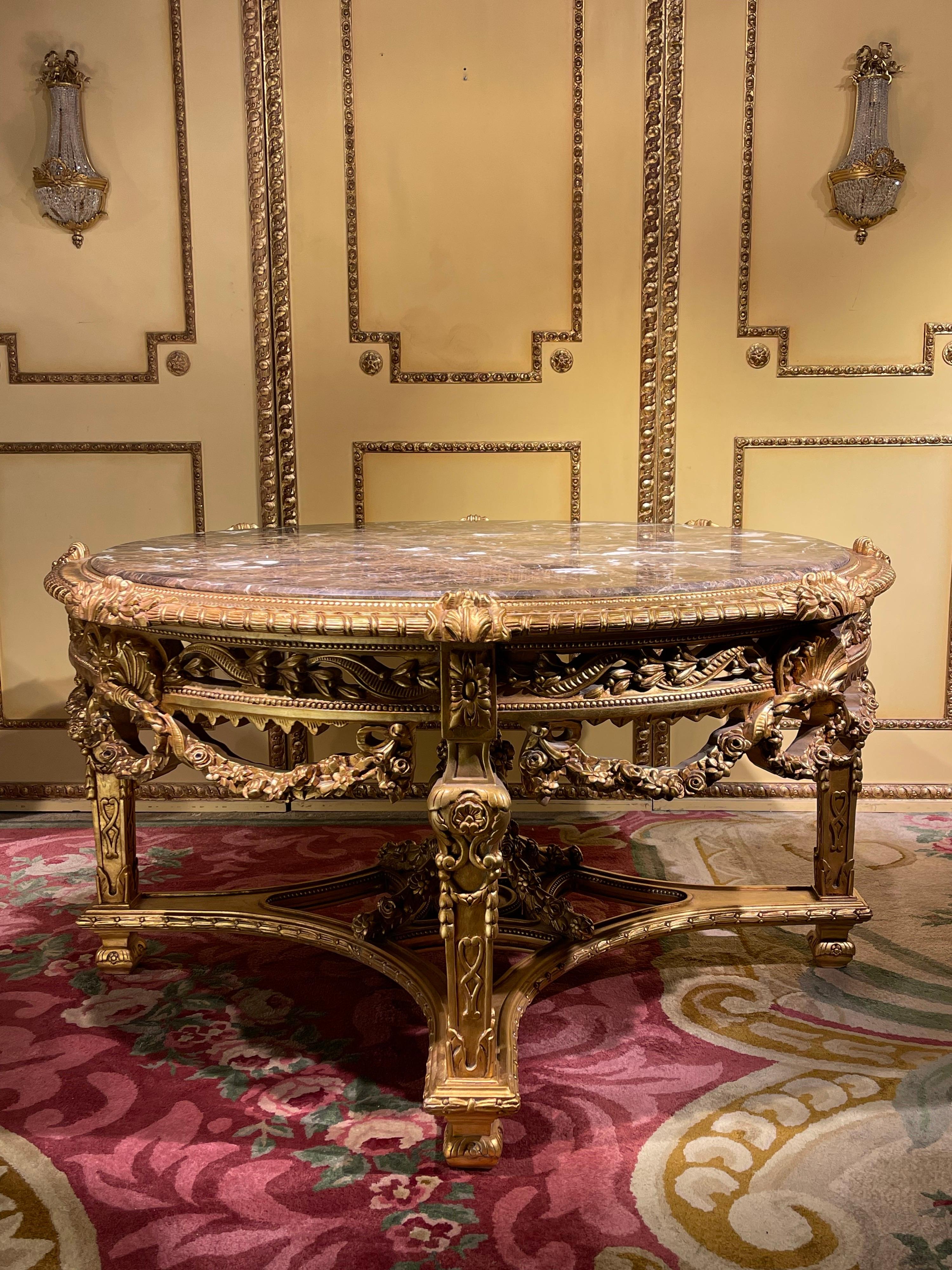 Marble Impressive Solid Salon Center Table Louis XV, Beech, Gold For Sale
