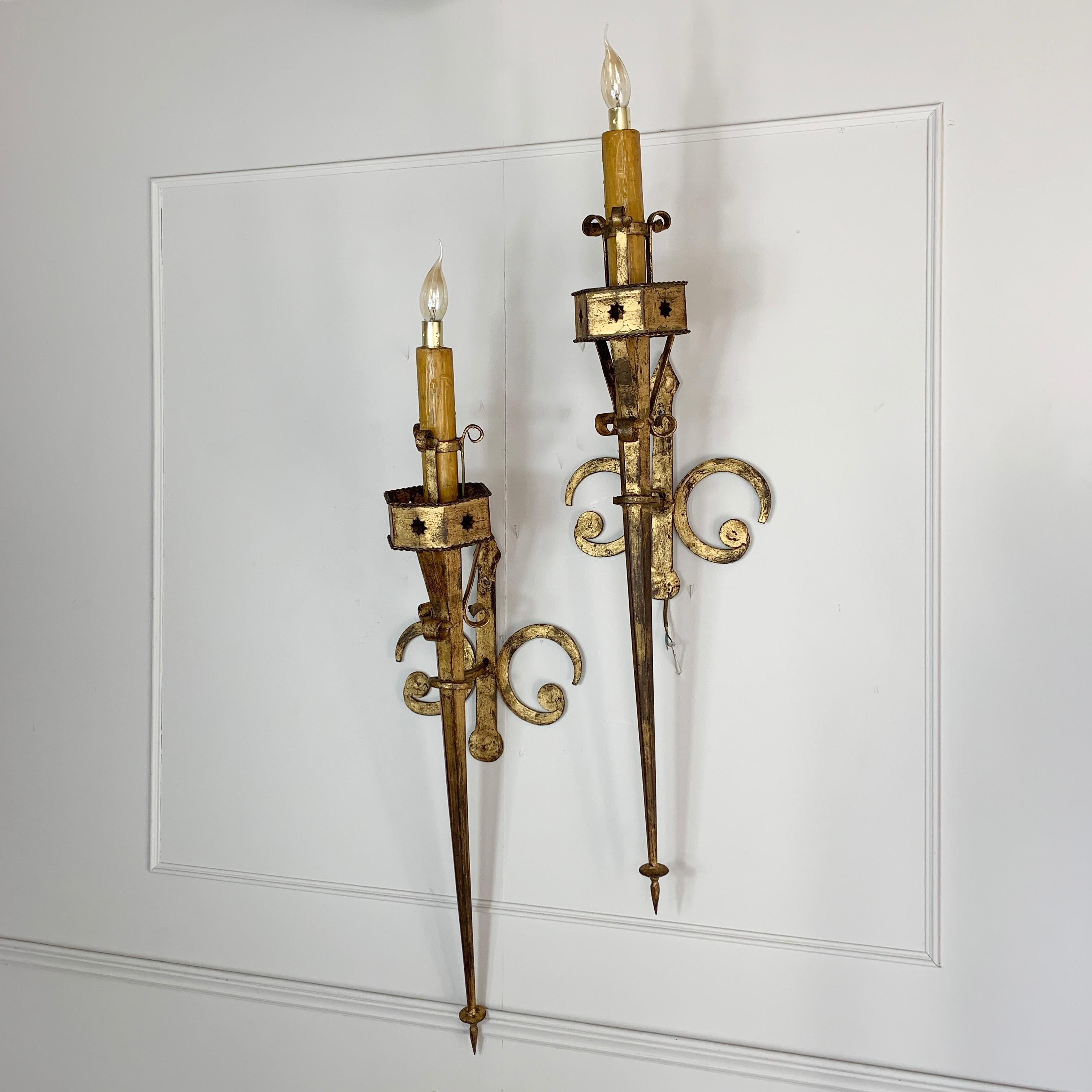 Impressive 1m Spanish Torchiere Wall Sconces, circa 1930s In Good Condition In Hastings, GB