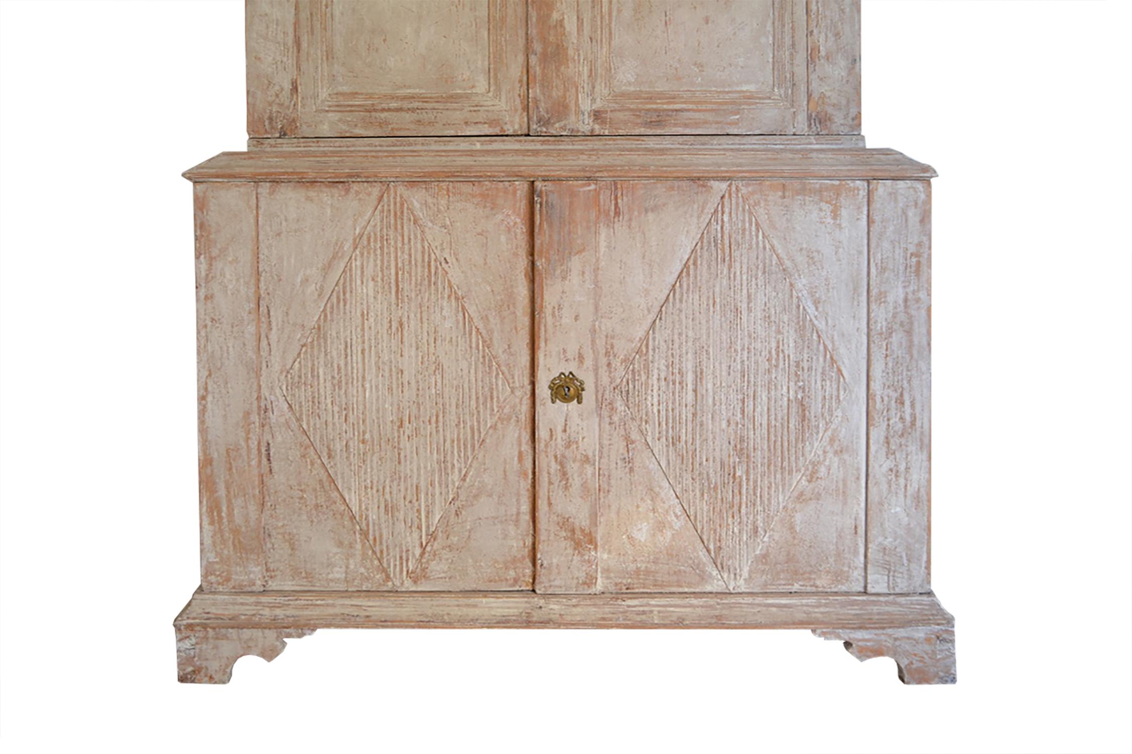 This impressive transition 19th century Rococo Gustavian cupboard was made in the region of Fryksdalen in the landscape of Värmland. Fine original color with decorations on the inside. Restored and complementary hinges with original locks. This