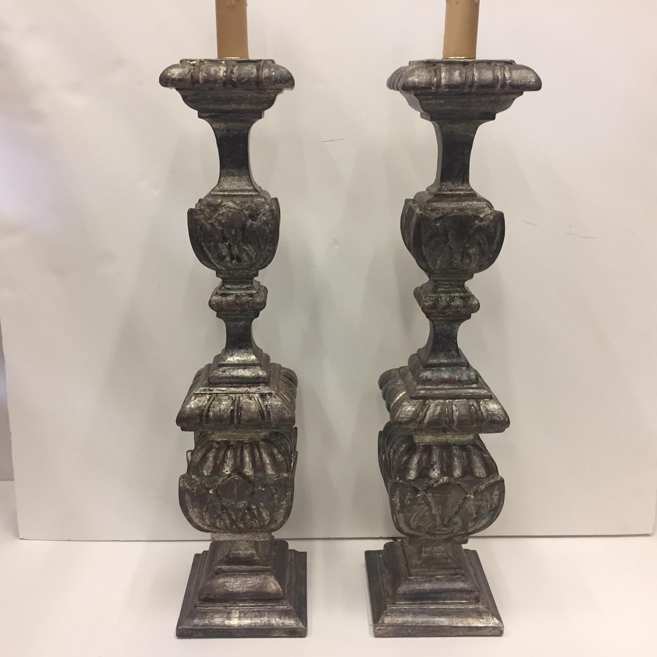 Impressive Tall Pair of Antique Continental Silverleaf Pricket Candlestick Lamps 3