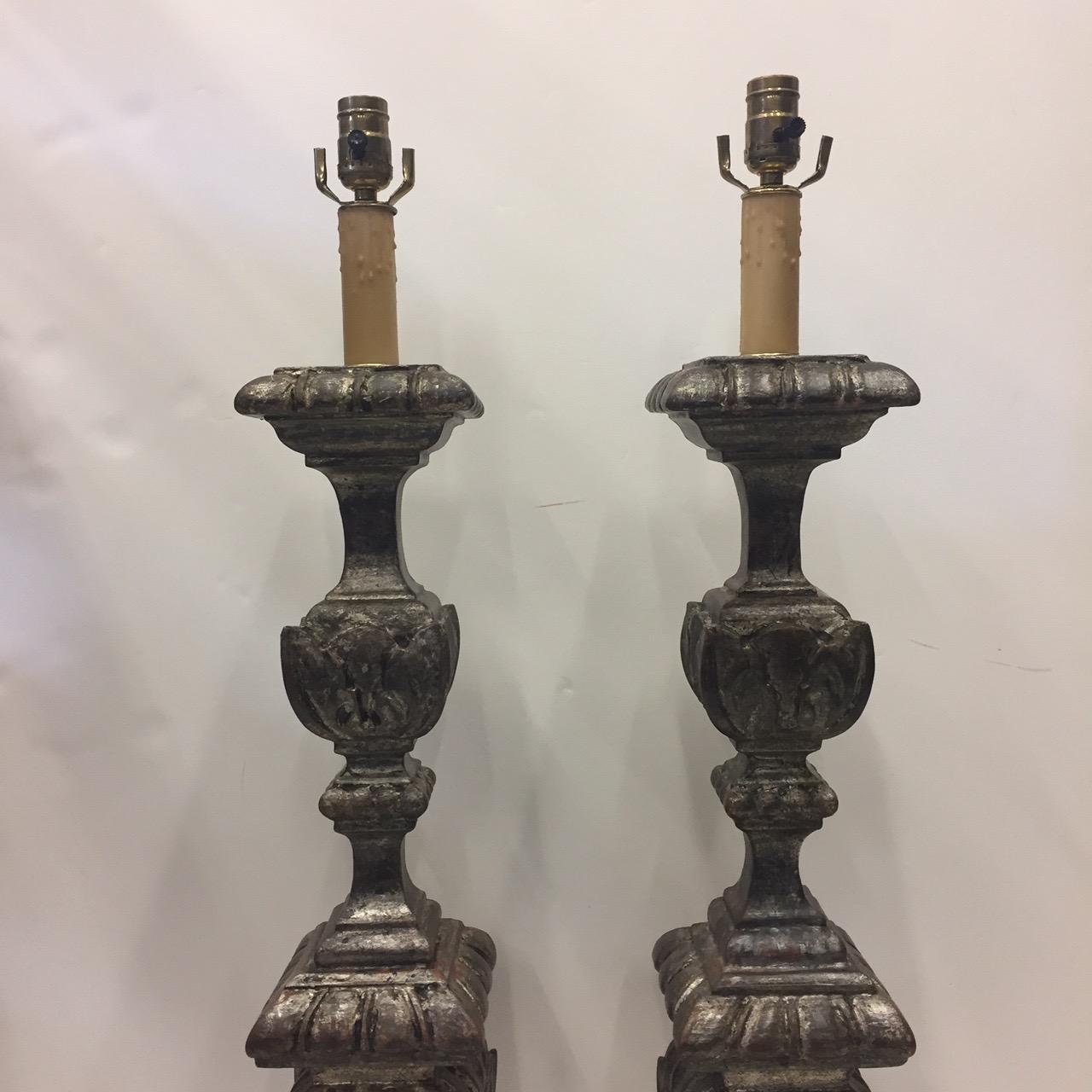 French Impressive Tall Pair of Antique Continental Silverleaf Pricket Candlestick Lamps