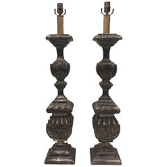 Impressive Tall Pair of Antique Continental Silverleaf Pricket Candlestick Lamps