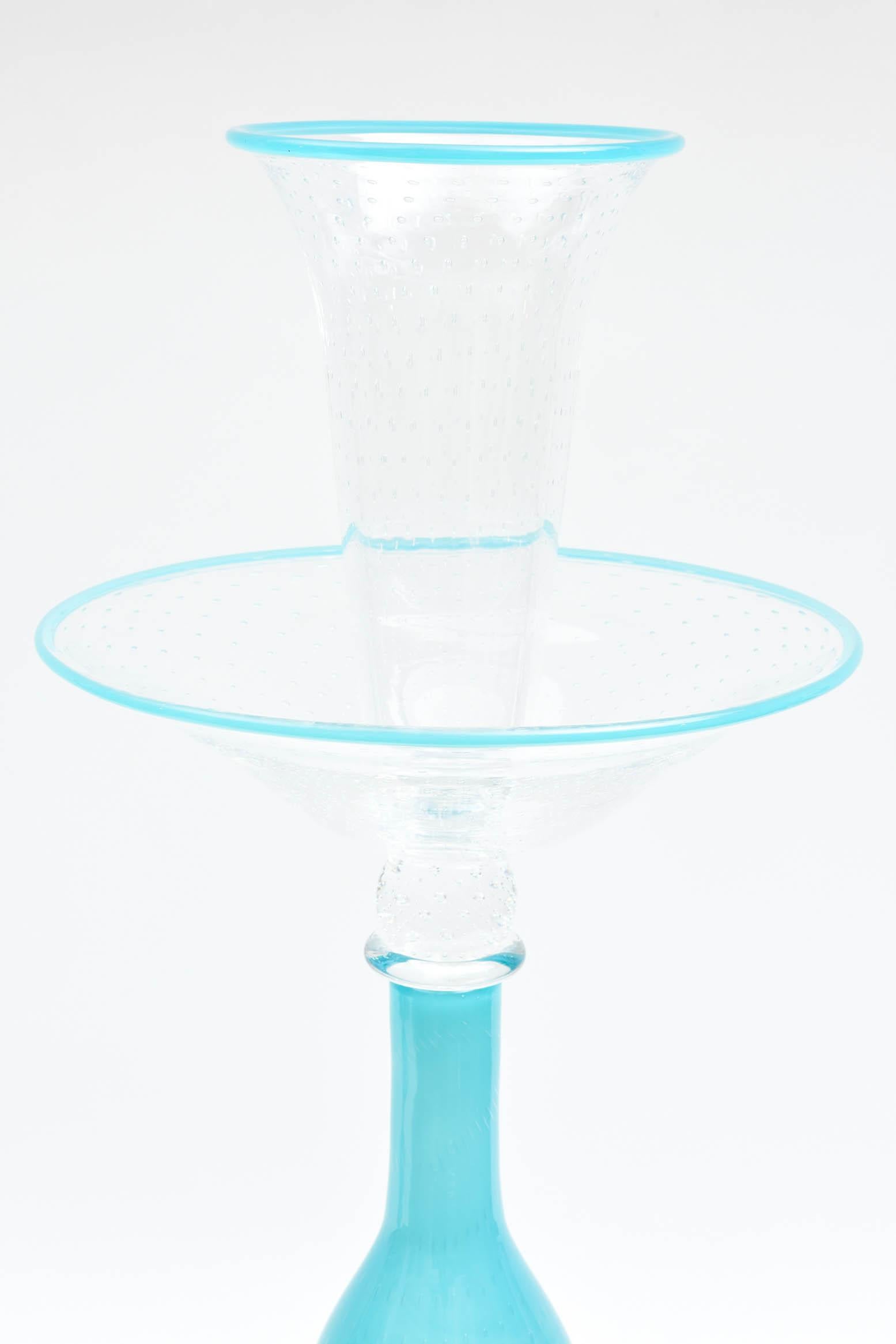 An exquisite tall and impressive centerpiece that we have commissioned from original archives. Beautiful and hard to find Robin's Egg turquoise blue and clear with signature controlled bubble base created by master glass blowers using original