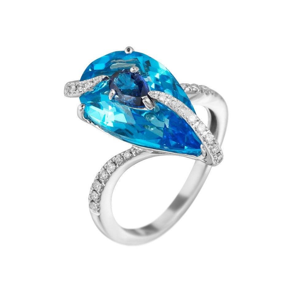 For Sale:  Impressive Topaz Blue Sapphire Diamond White Gold Ring 5