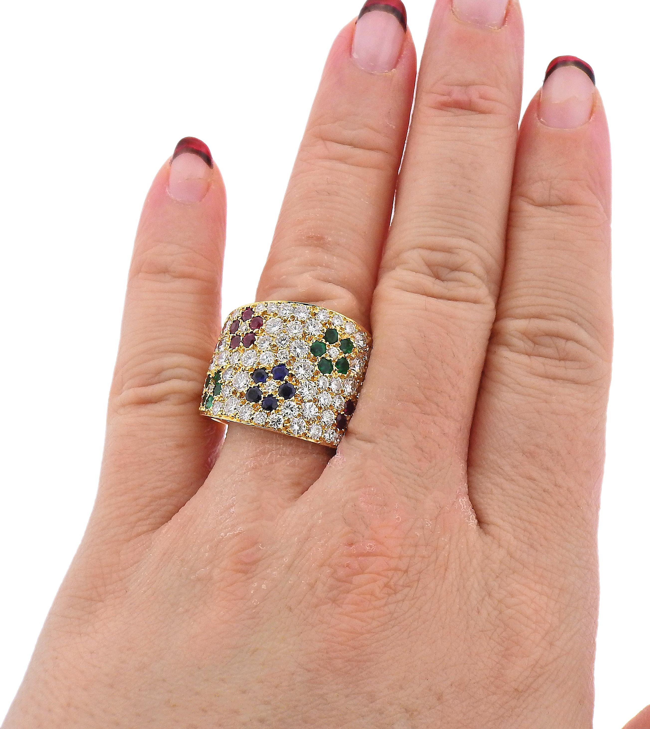 Women's Impressive Van Cleef & Arpels Diamond Ruby Sapphire Emerald Flower Gold Ring