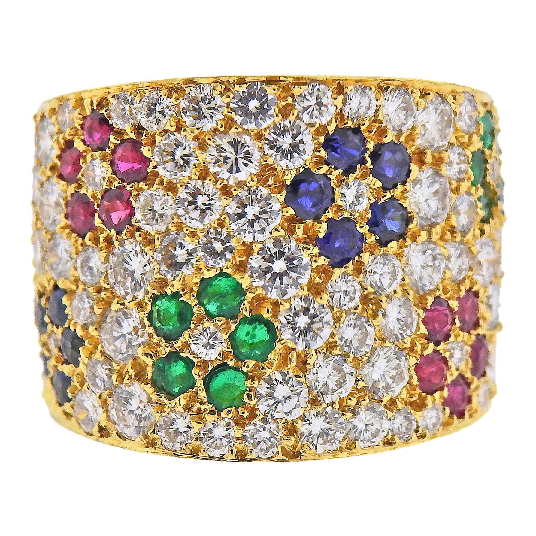 Impressive Van Cleef & Arpels Diamond Ruby Sapphire Emerald Flower Gold Ring