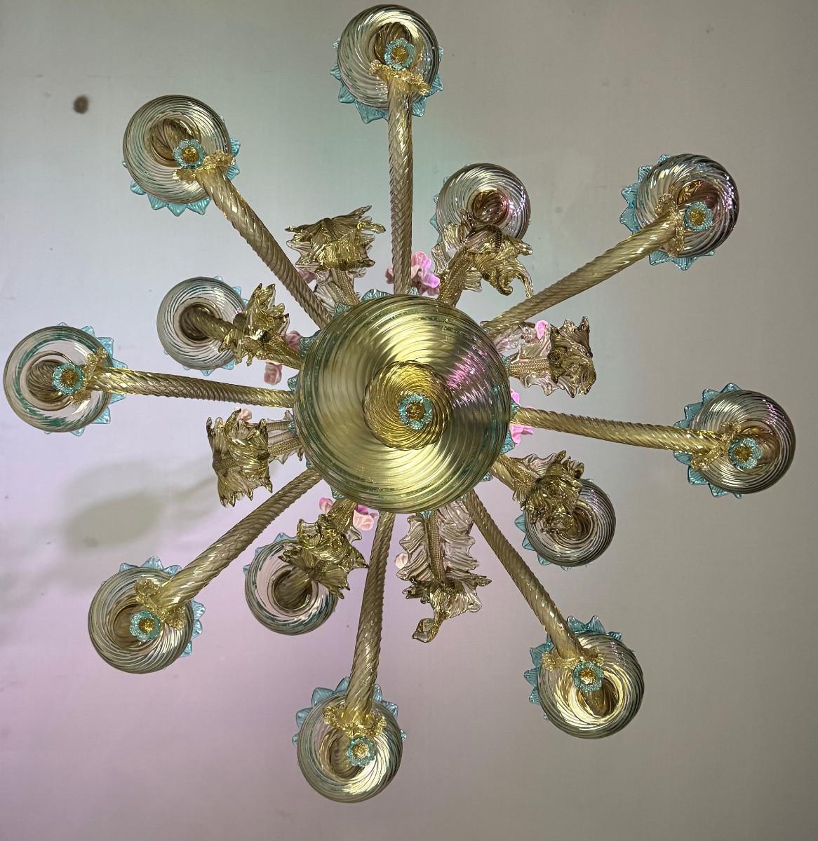 Impresionante araña veneciana de cristal de Murano Mordor, azul y rosa, circa 1930 en venta 4