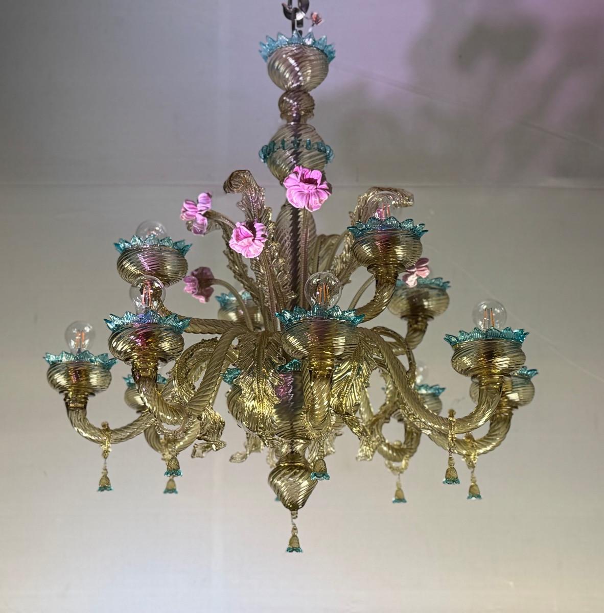 Impresionante araña veneciana de cristal de Murano Mordor, azul y rosa, circa 1930 en venta 5