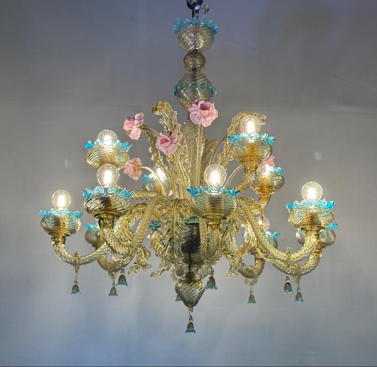 Impresionante araña veneciana de cristal de Murano Mordor, azul y rosa, circa 1930 en venta 6
