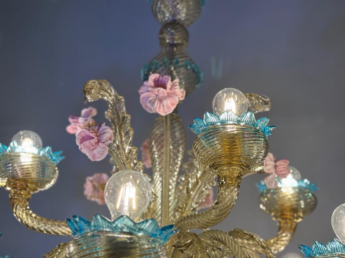 Impresionante araña veneciana de cristal de Murano Mordor, azul y rosa, circa 1930 Italiano en venta