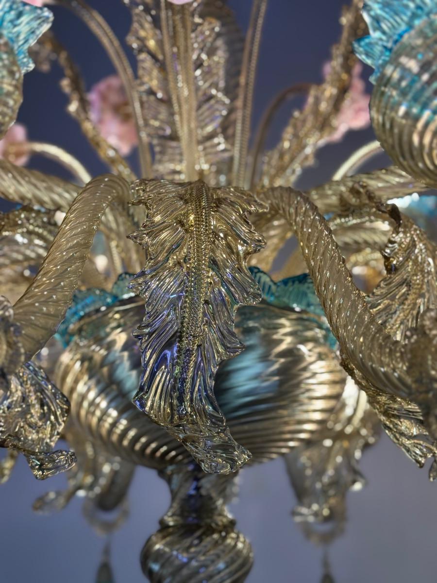 Impresionante araña veneciana de cristal de Murano Mordor, azul y rosa, circa 1930 en venta 1
