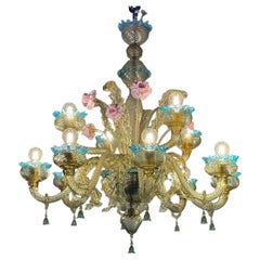 Impresionante araña veneciana de cristal de Murano Mordor, azul y rosa, circa 1930