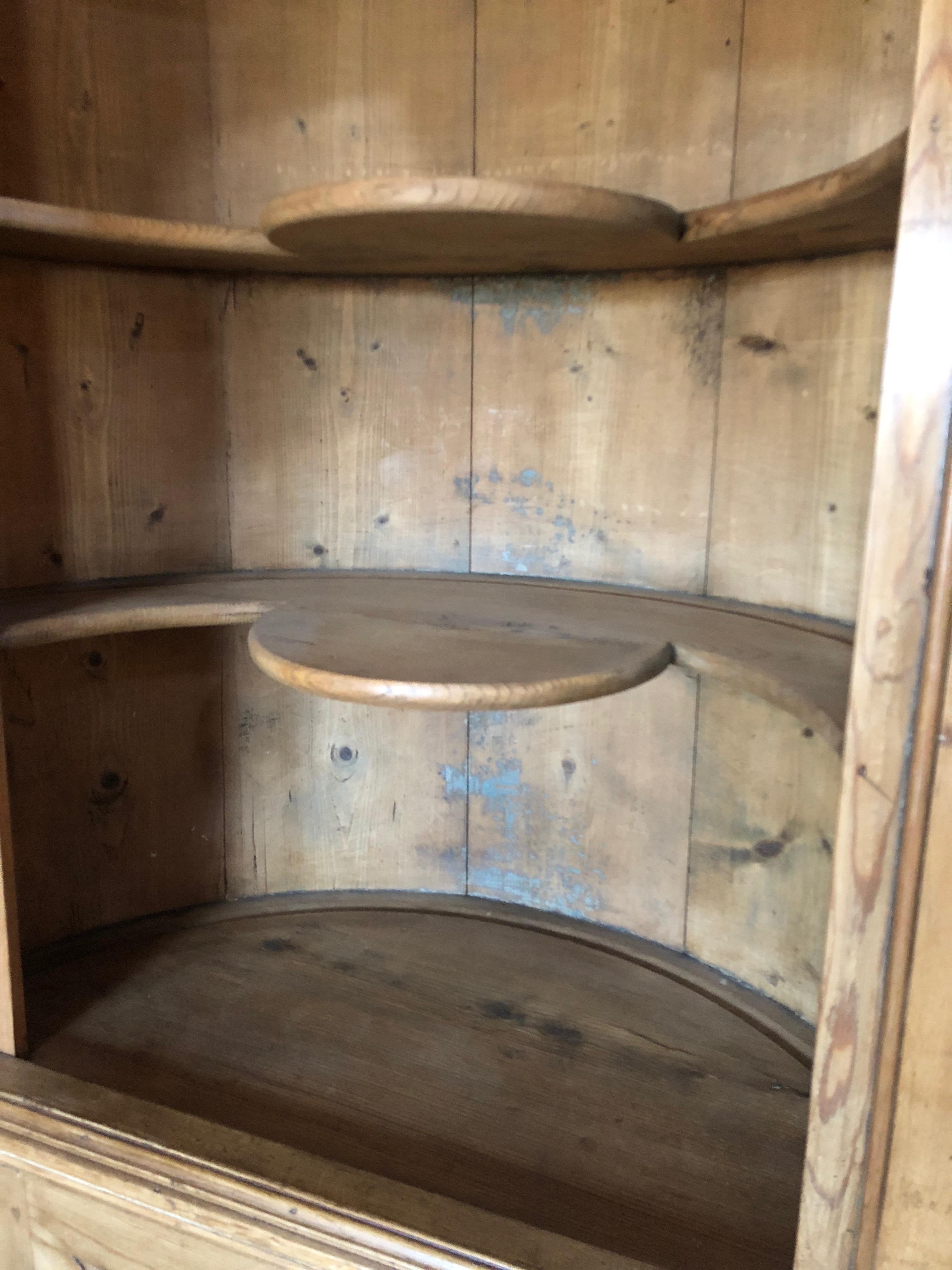 Primitive Impressive Very Large Natural Pine Barrel Back Corner Cupboard Cabinet