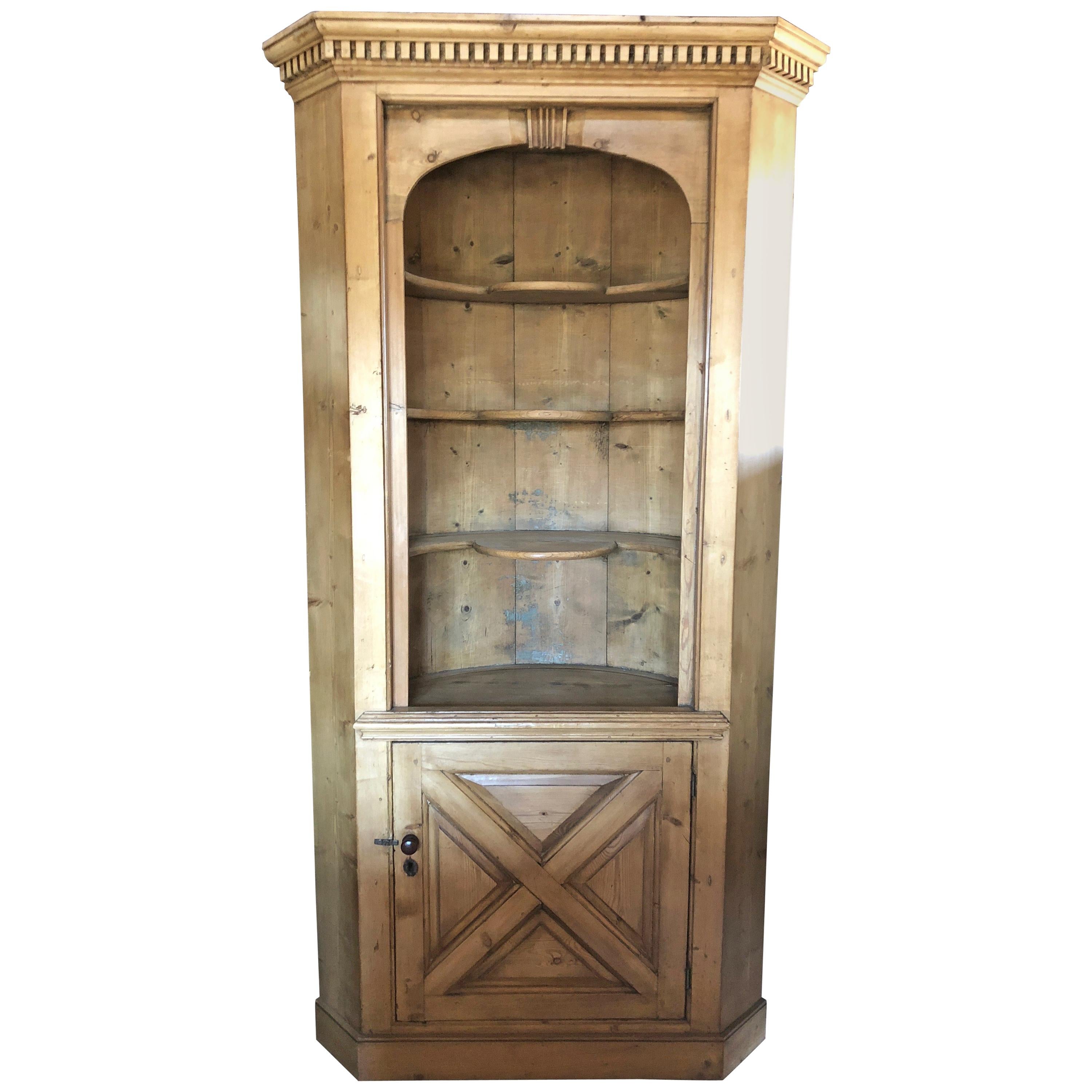Impressive Very Large Natural Pine Barrel Back Corner Cupboard Cabinet