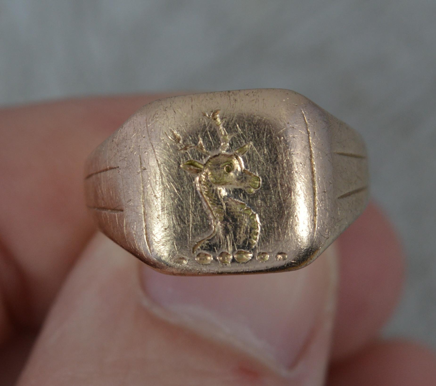 Impressive Victorian 9ct Rose Gold Stag Bust Intaglio Seal Signet Ring For Sale 1