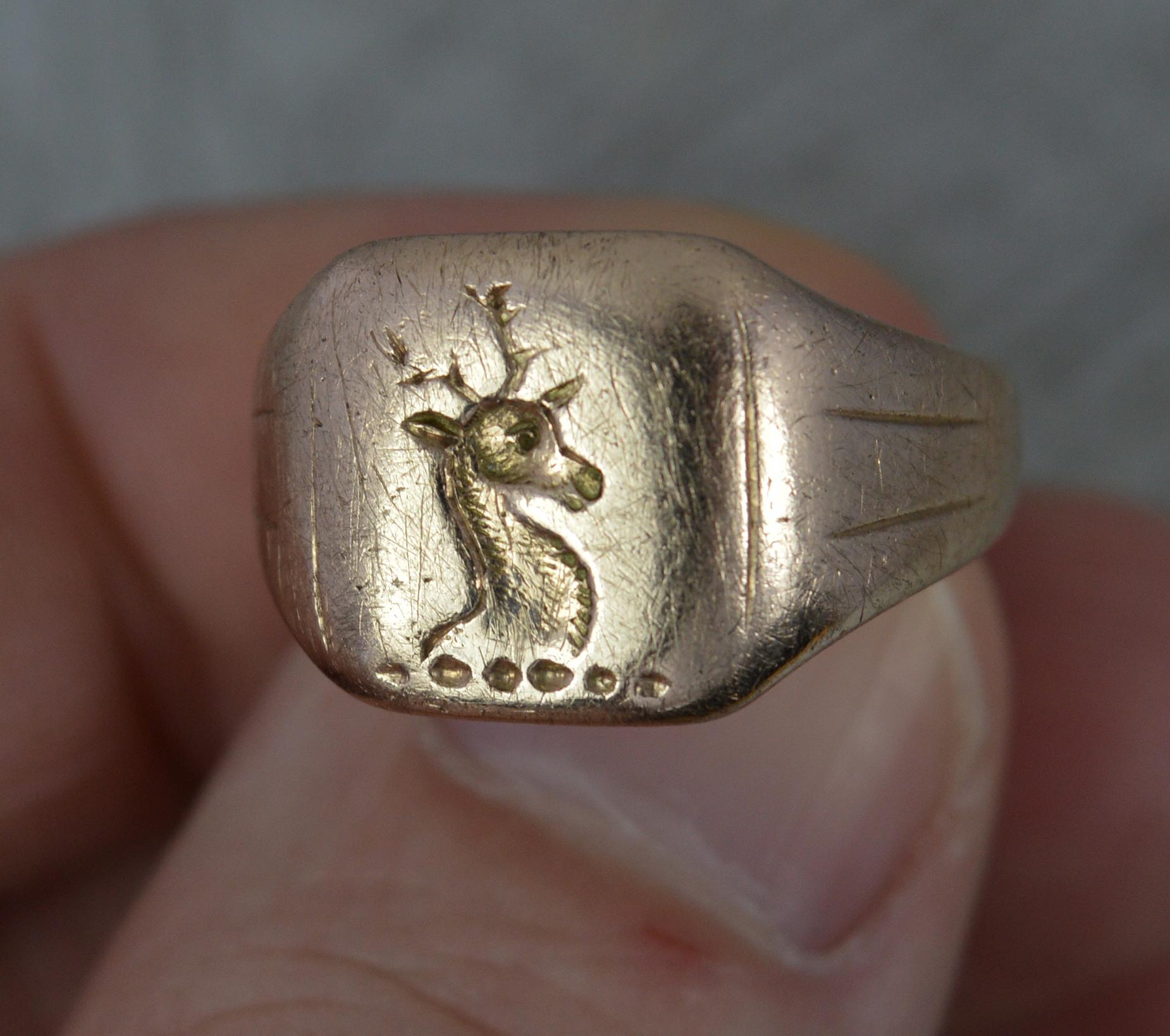 Impressive Victorian 9ct Rose Gold Stag Bust Intaglio Seal Signet Ring For Sale 2