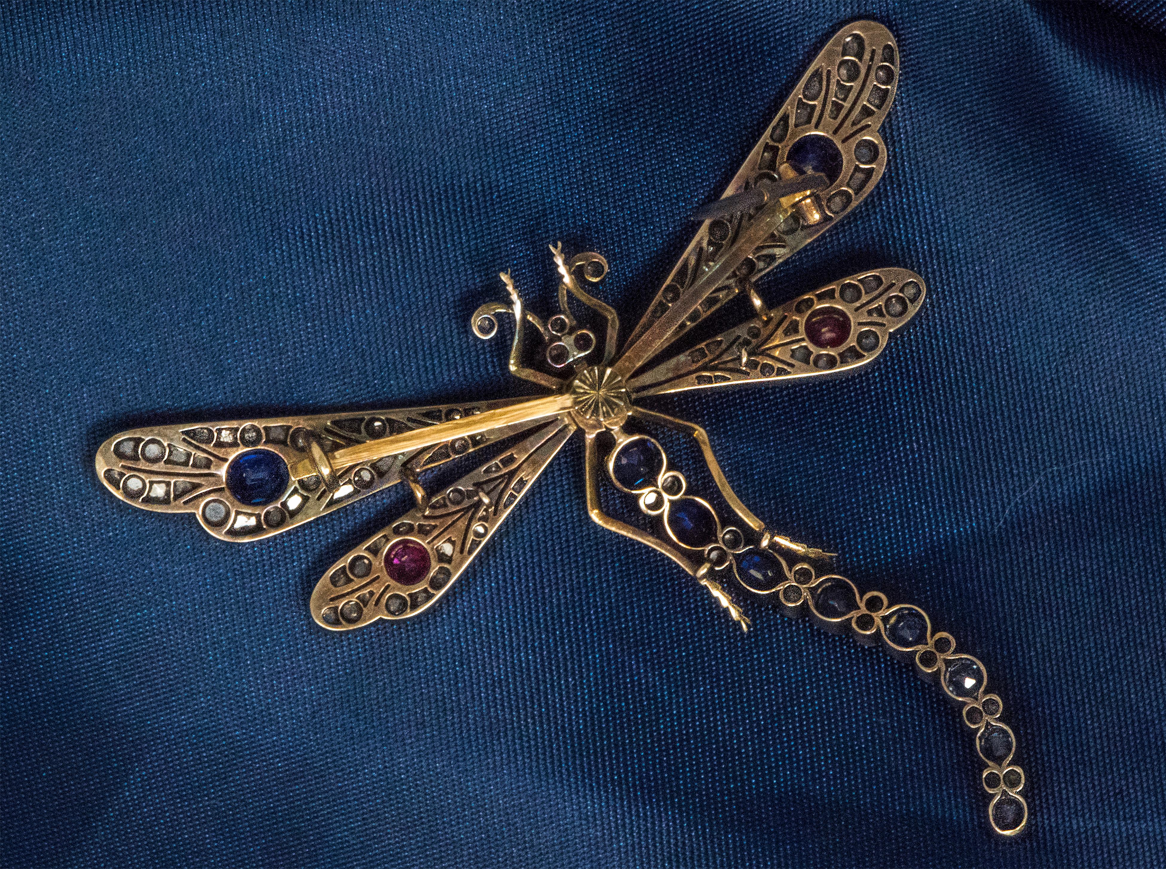  Victorian Diamond Ruby Sapphire Gold Dragonfly Brooch or Pendant In Excellent Condition For Sale In New york, NY