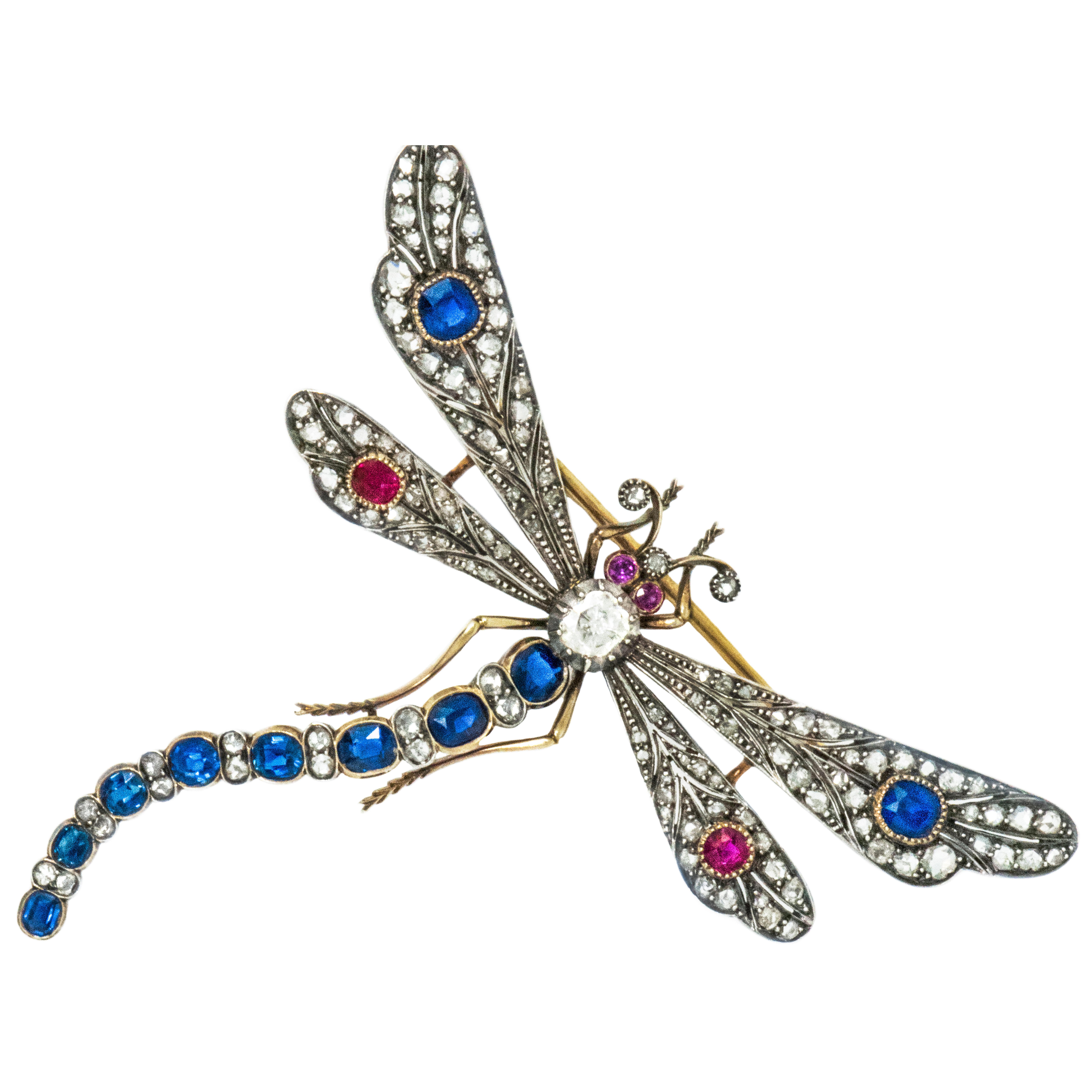  Victorian Diamond Ruby Sapphire Gold Dragonfly Brooch or Pendant For Sale