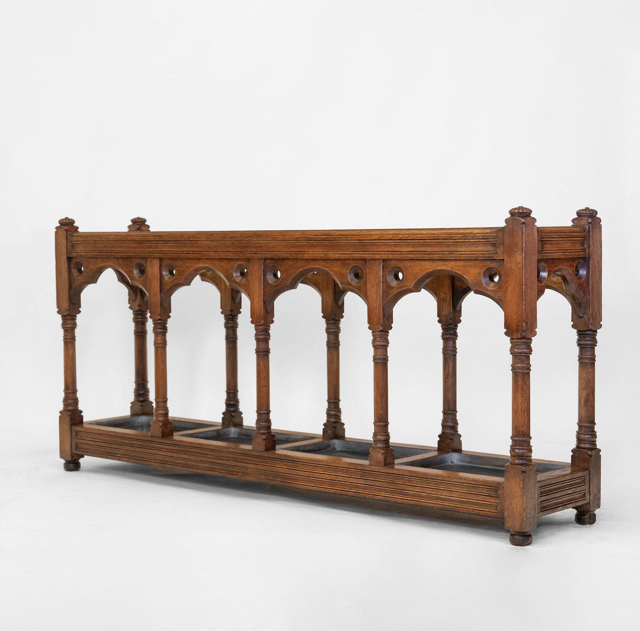Impressive Victorian Gothic Revival Country House Oak Umbrella Stick Stand For Sale 14