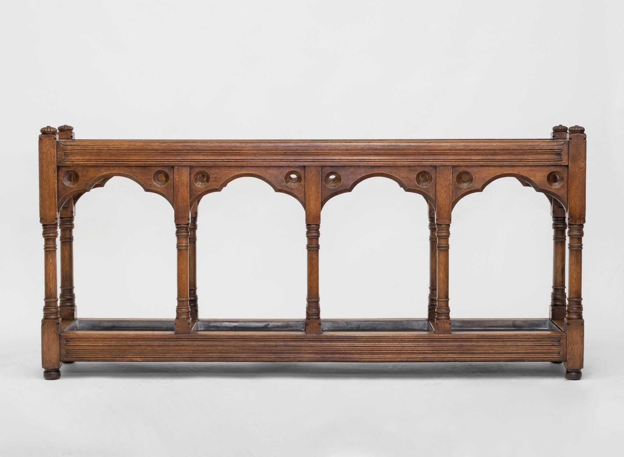 English Impressive Victorian Gothic Revival Country House Oak Umbrella Stick Stand For Sale