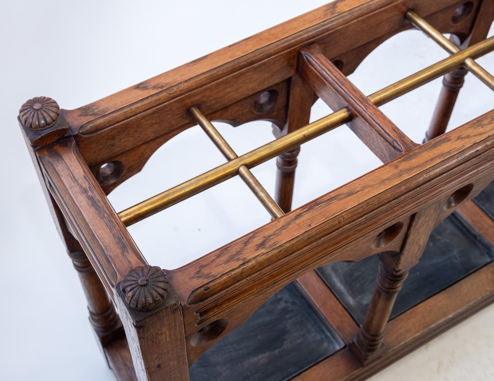 Brass Impressive Victorian Gothic Revival Country House Oak Umbrella Stick Stand For Sale