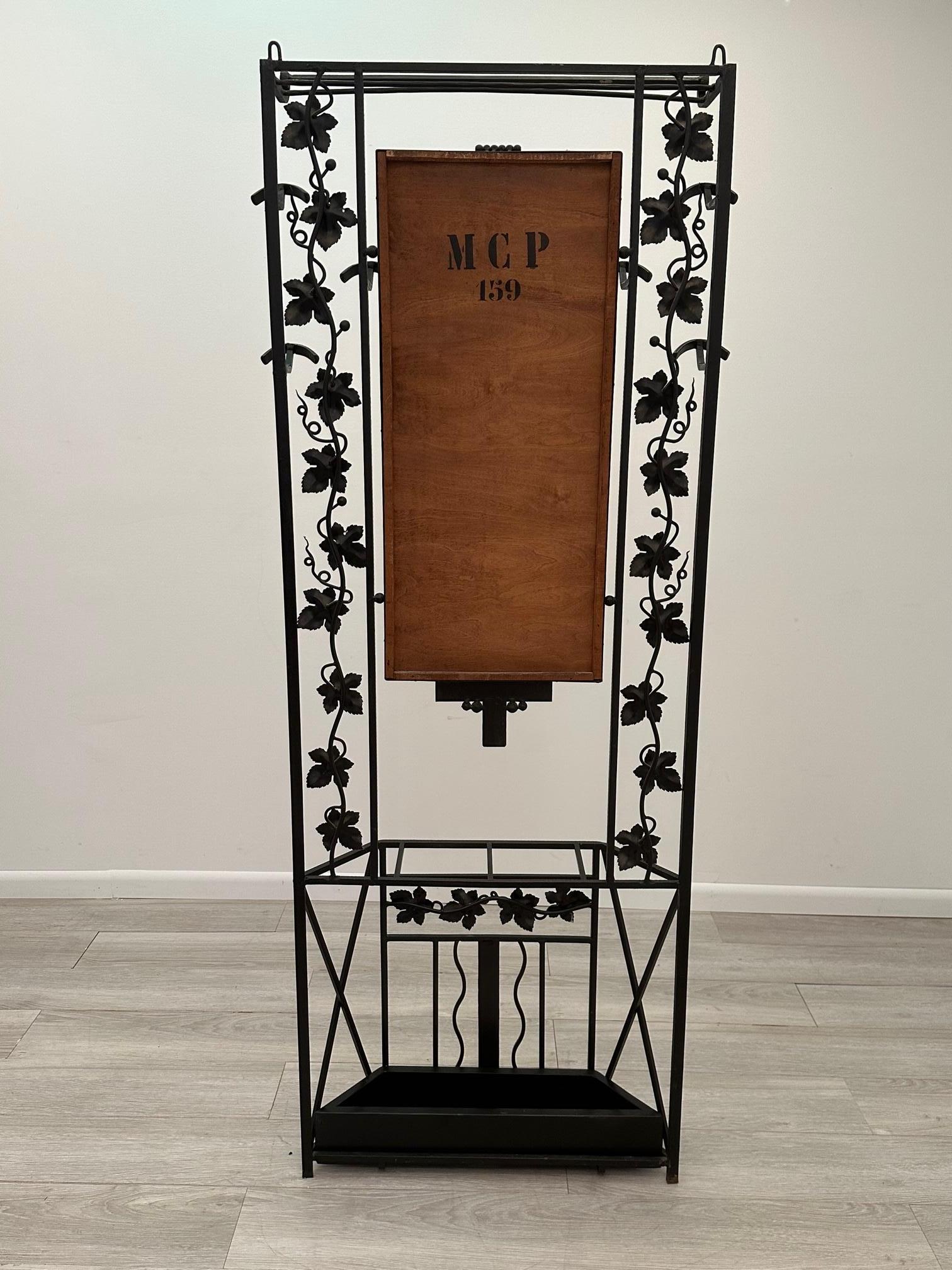 Impressive Vintage French Art Deco Iron Hall Hat & Coat Rack with Mirror For Sale 14