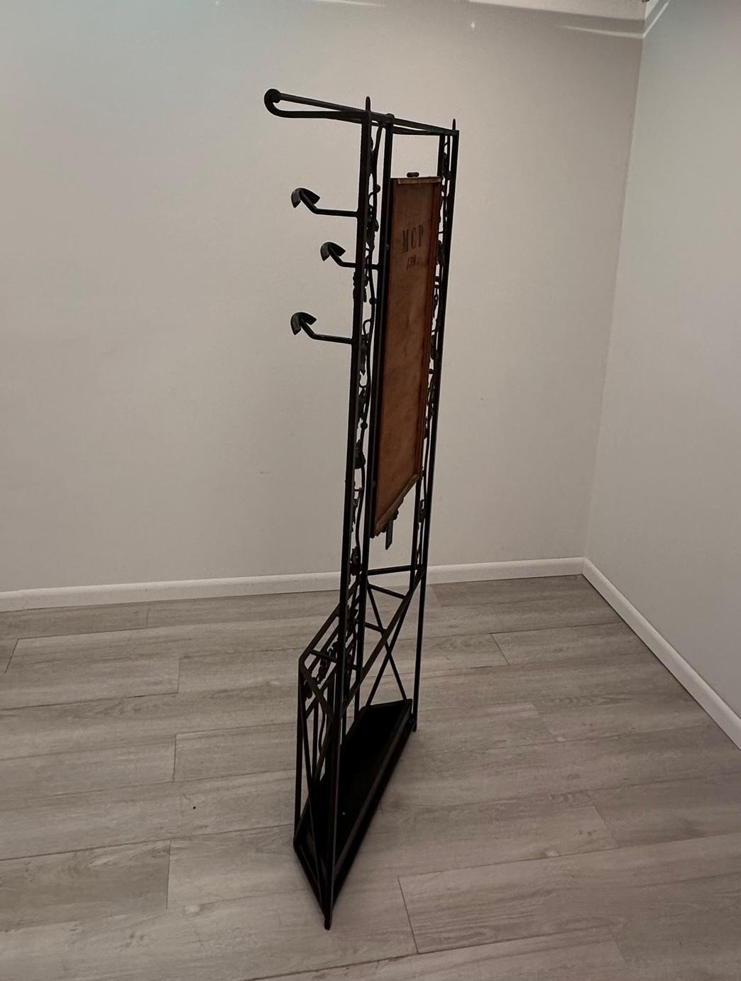 Impressive Vintage French Art Deco Iron Hall Hat & Coat Rack with Mirror For Sale 4
