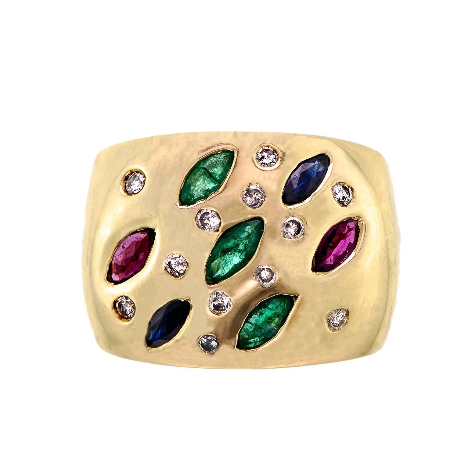 Impressive Vintage Heavy 14 Karat Diamond Emerald Ruby Sapphire Cocktail Ring For Sale